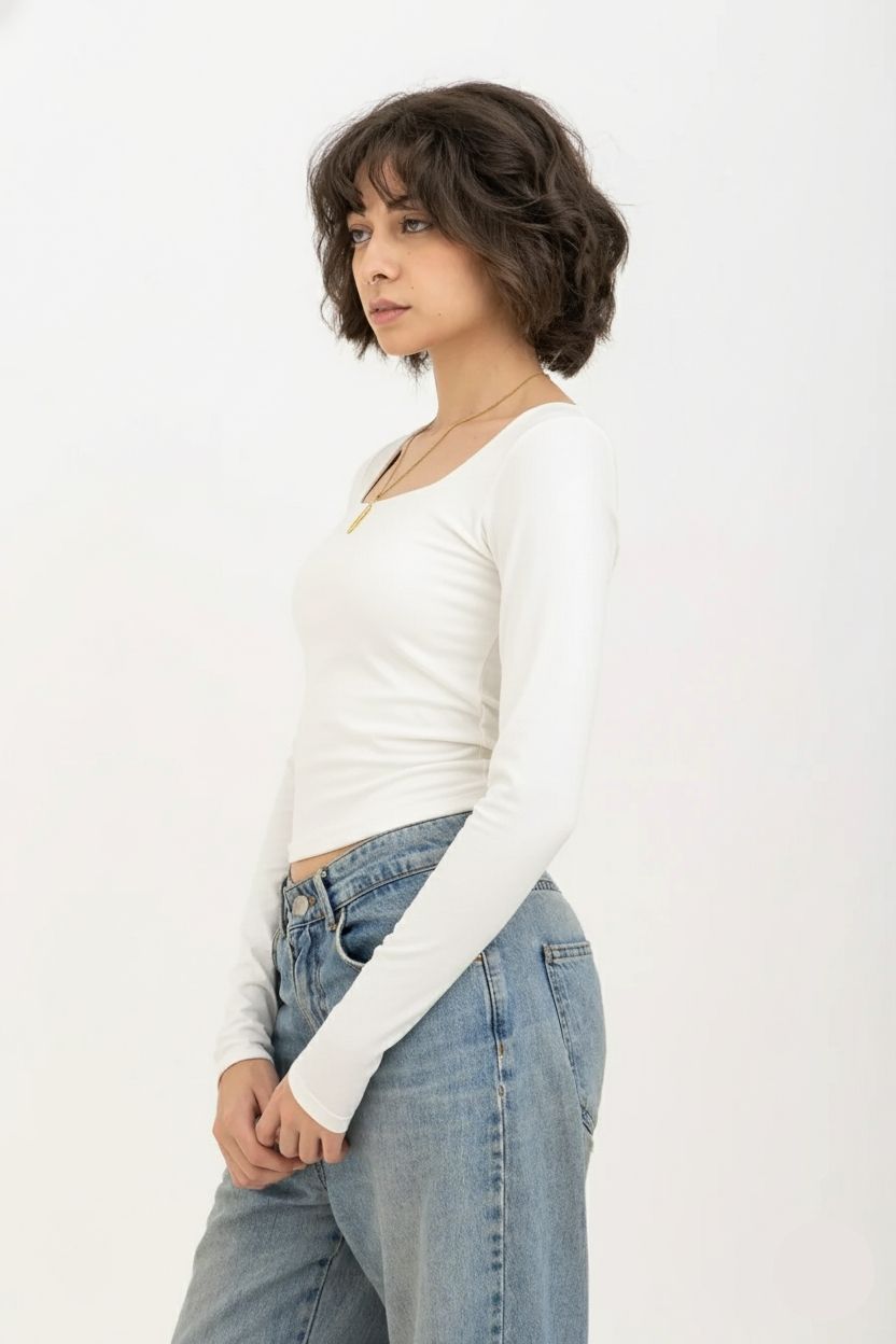 White Square Neck Long Sleeve Baby Tee