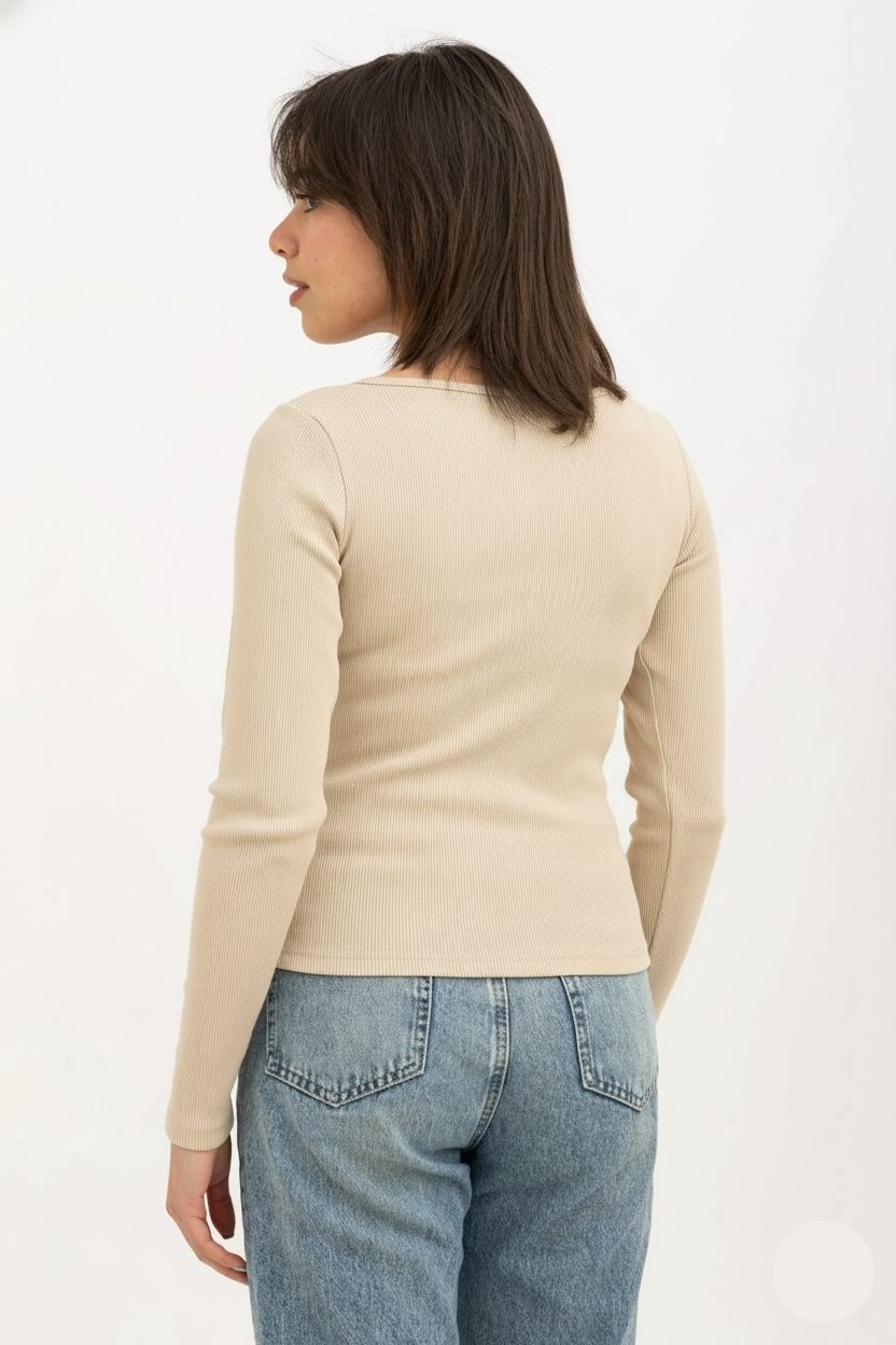 Ribbed Wide Neck Long Sleeve Top Beige