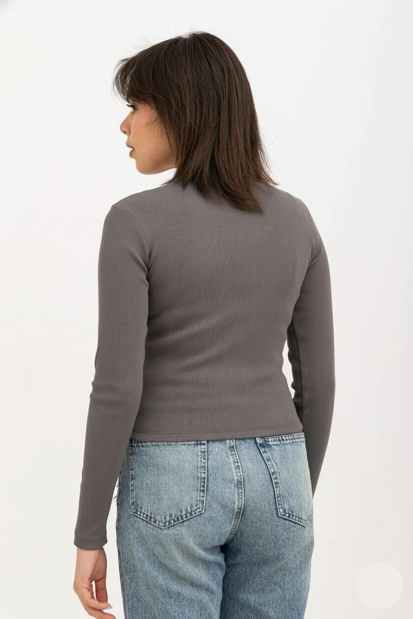 Ribbed Long Sleeve V-Neck Top Dark Grey