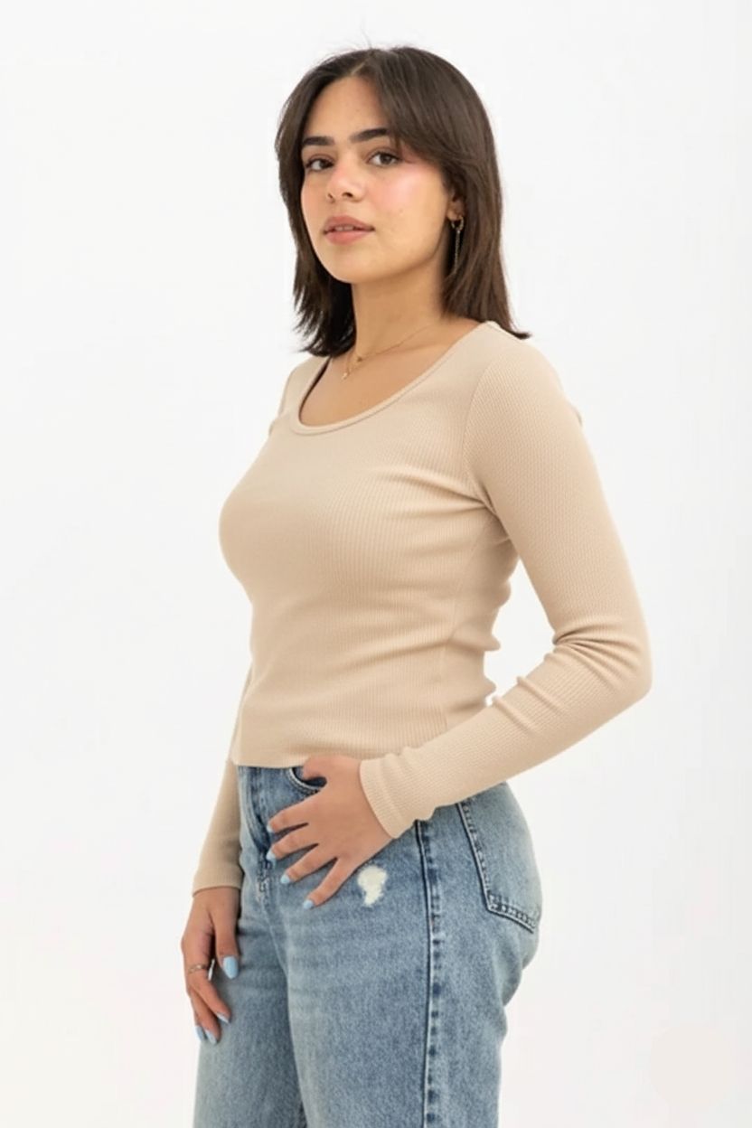 Ribbed Long Sleeve V-Neck Top Beige