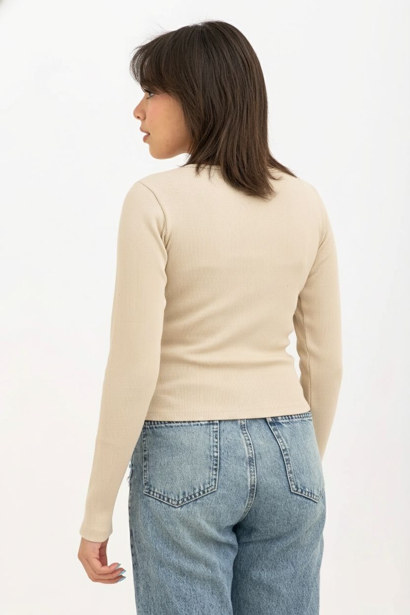 Ribbed Long Sleeve V-Neck Top Beige