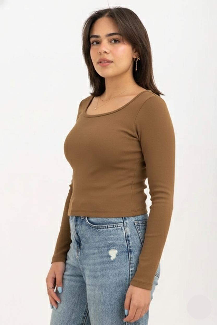 Ribbed Wide Neck Long Sleeve Top Brown