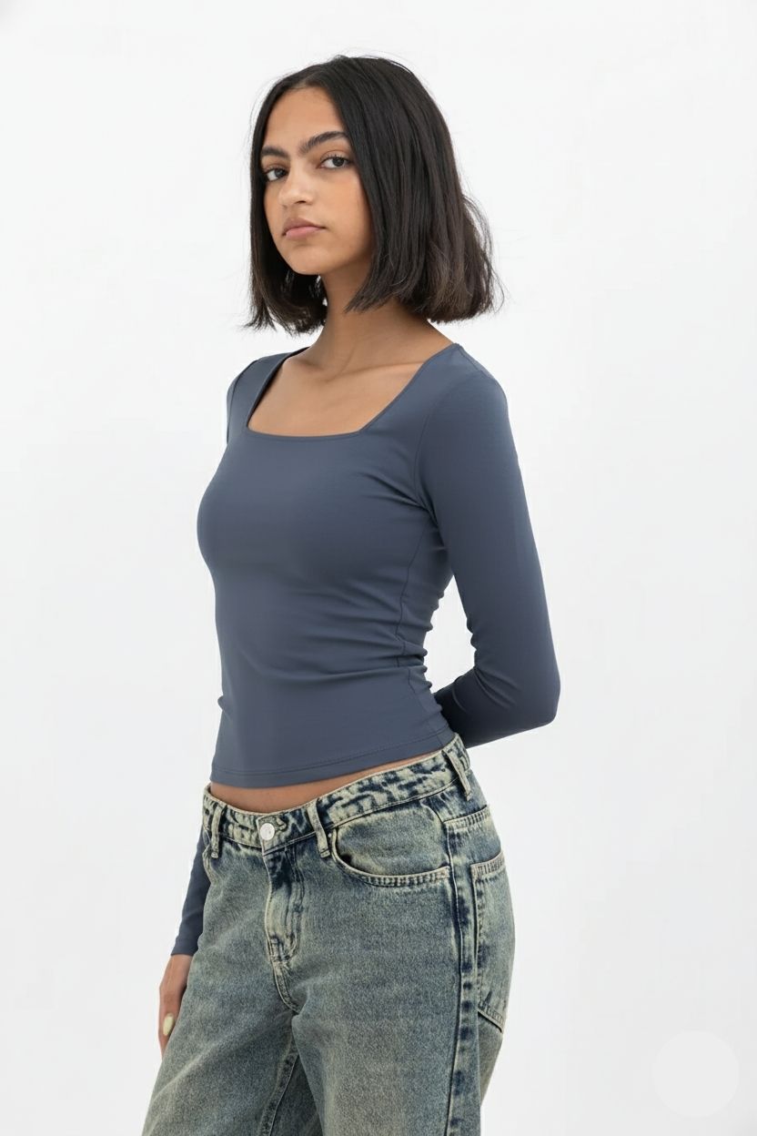 Dark Grey Square Neck Baby Tee Long Sleeve