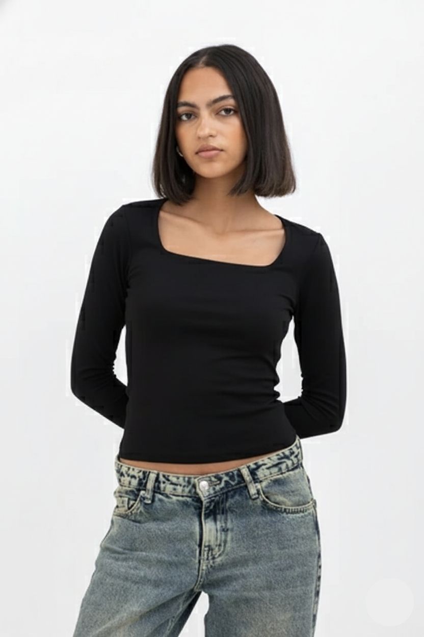 Black Square Neck Long Sleeve Baby Tee