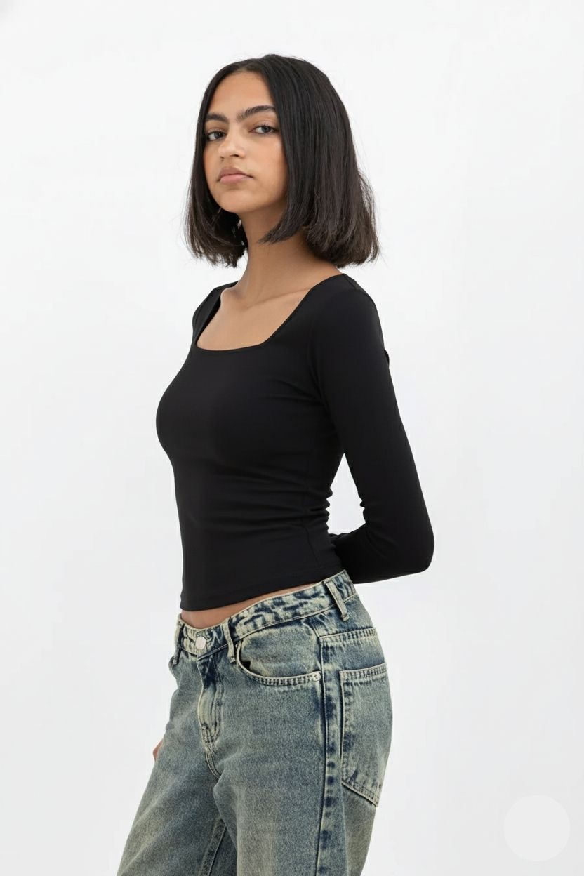 Black Square Neck Long Sleeve Baby Tee