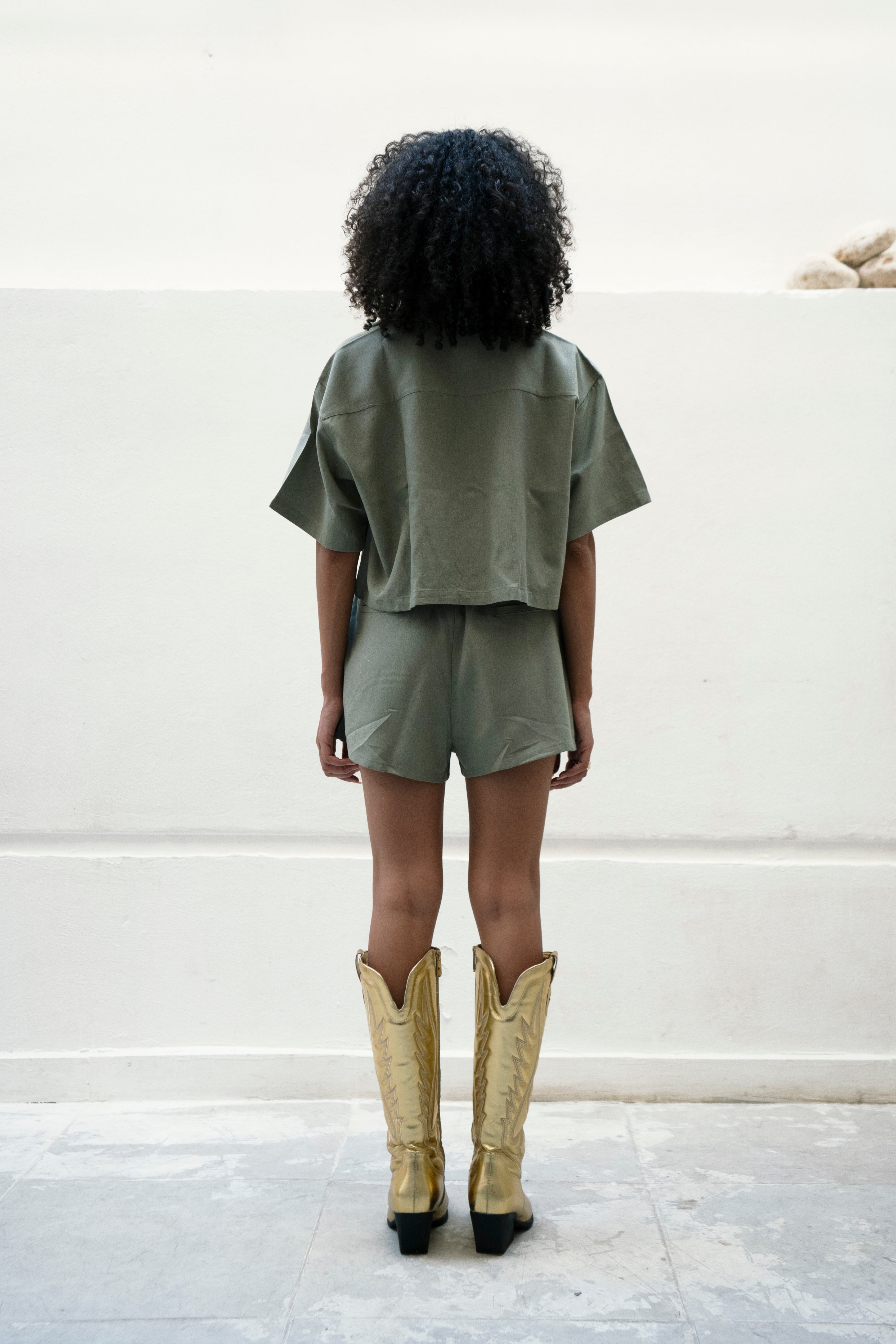Linen Olive Crop Shirt