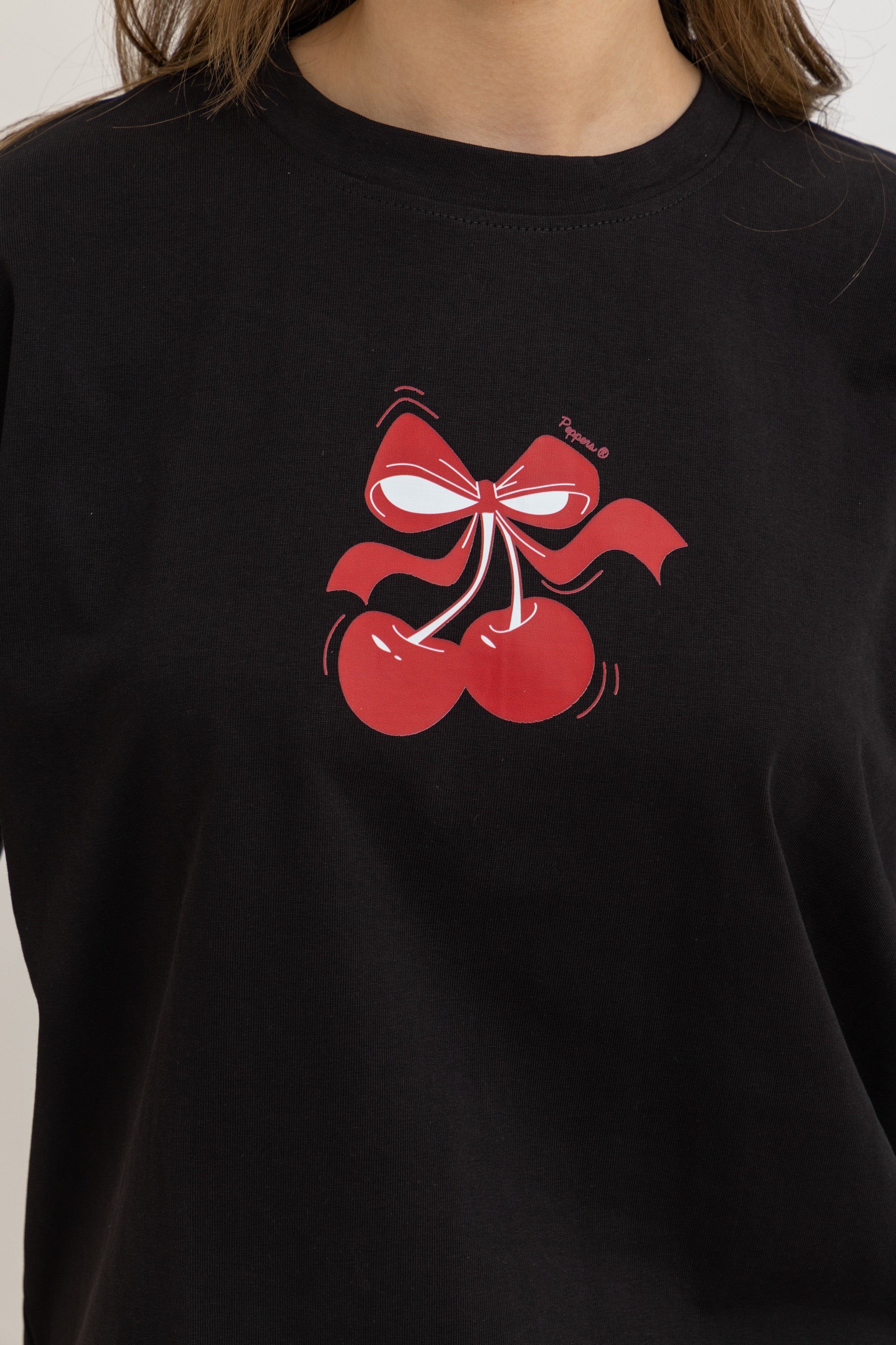 Cherry Black Oversized Crew Neck T-Shirt