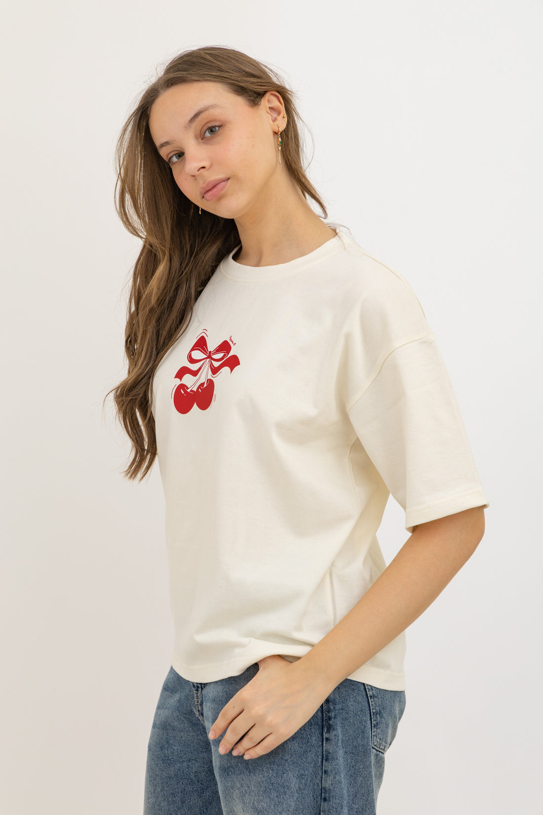 Cherry White Oversized Crew Neck T-Shirt