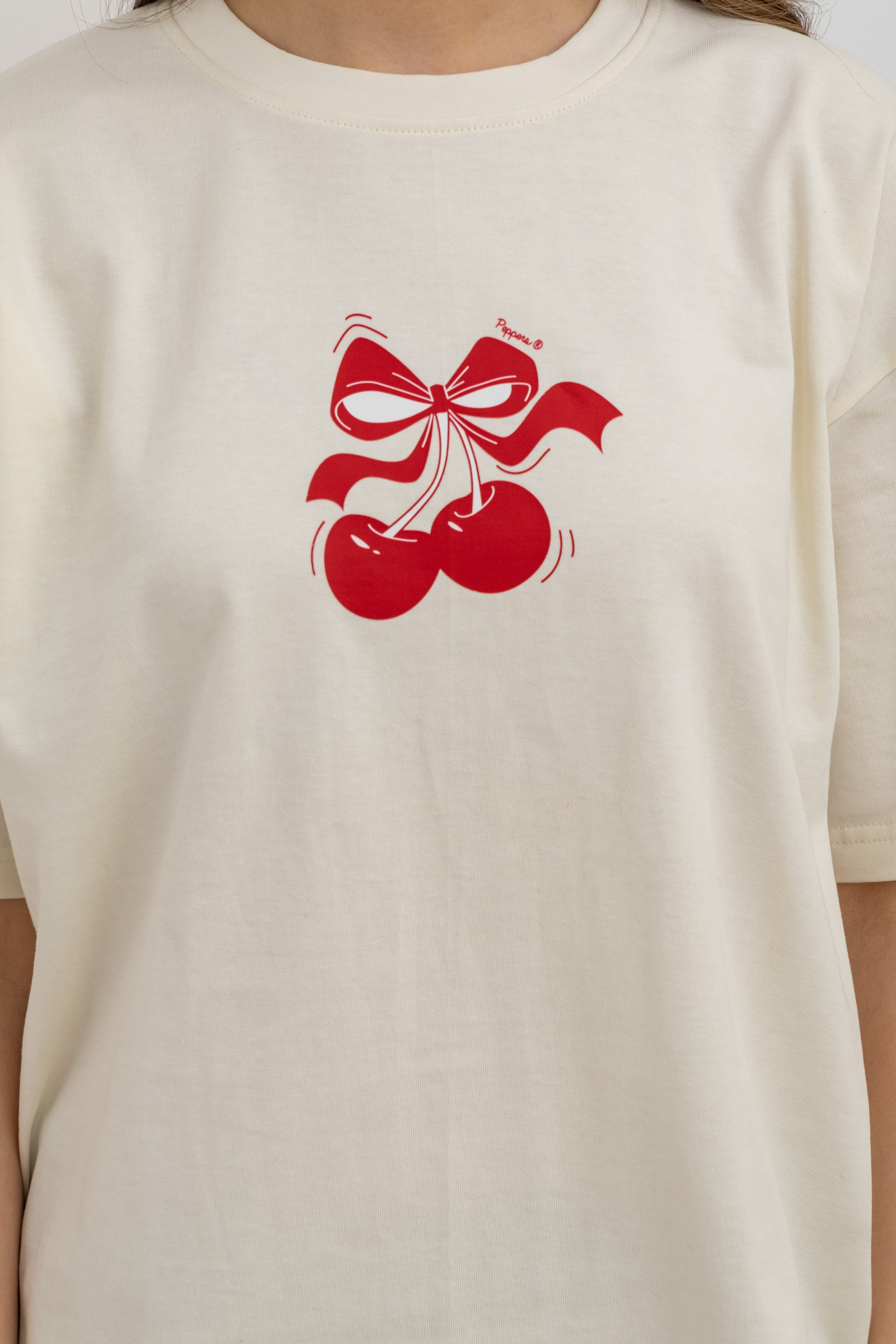 Cherry White Oversized Crew Neck T-Shirt