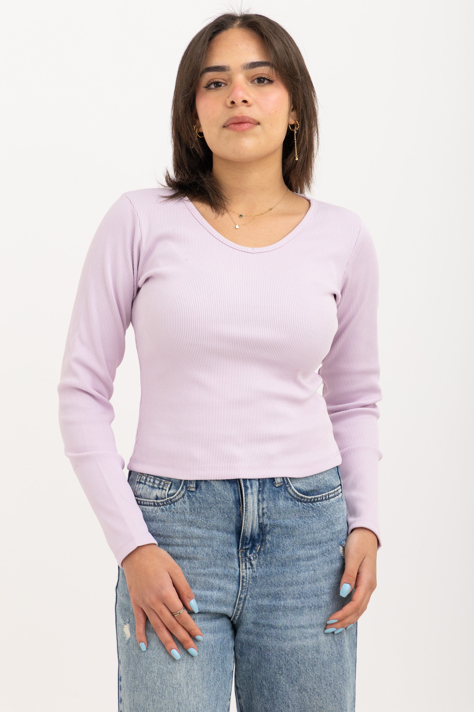Ribbed Long Sleeve V-Neck Top Lavender