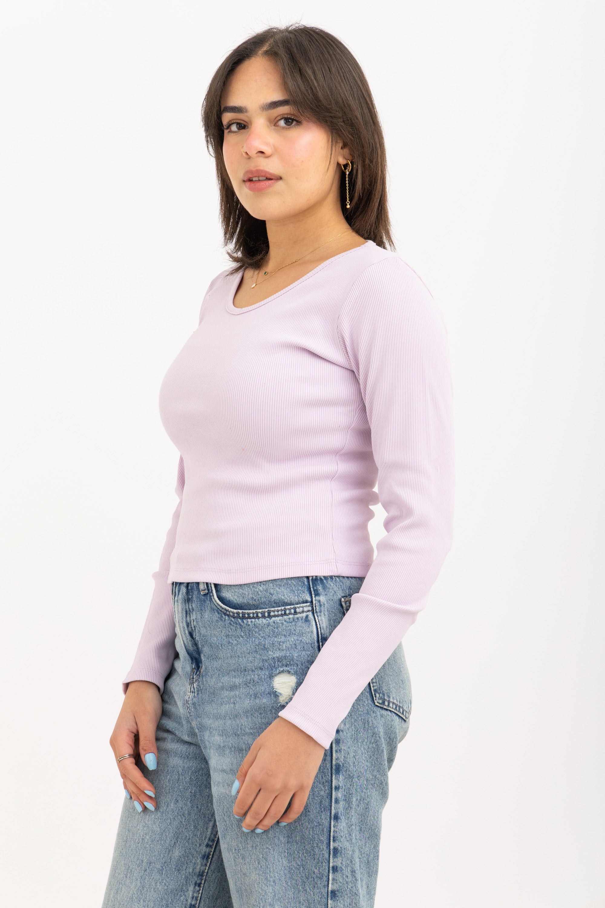 Ribbed Long Sleeve V-Neck Top Lavender