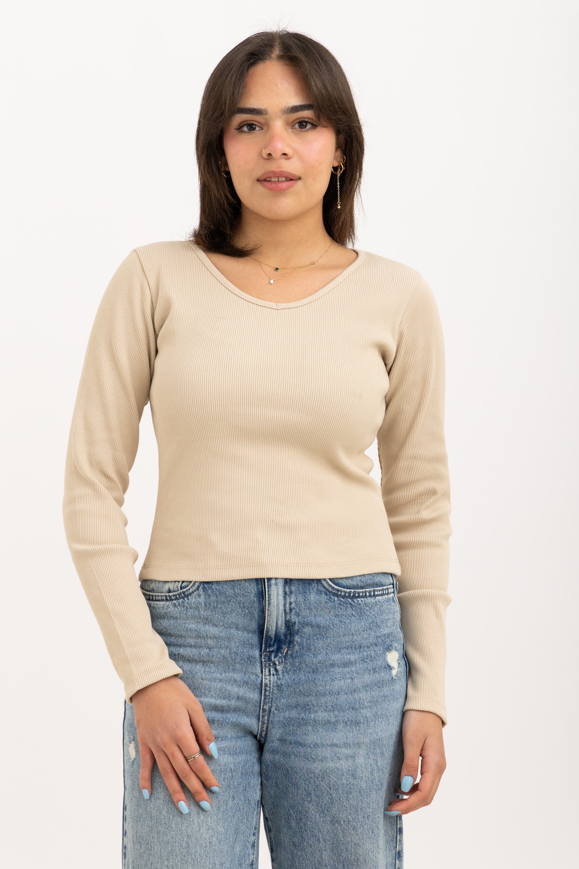Ribbed Long Sleeve V-Neck Top Beige