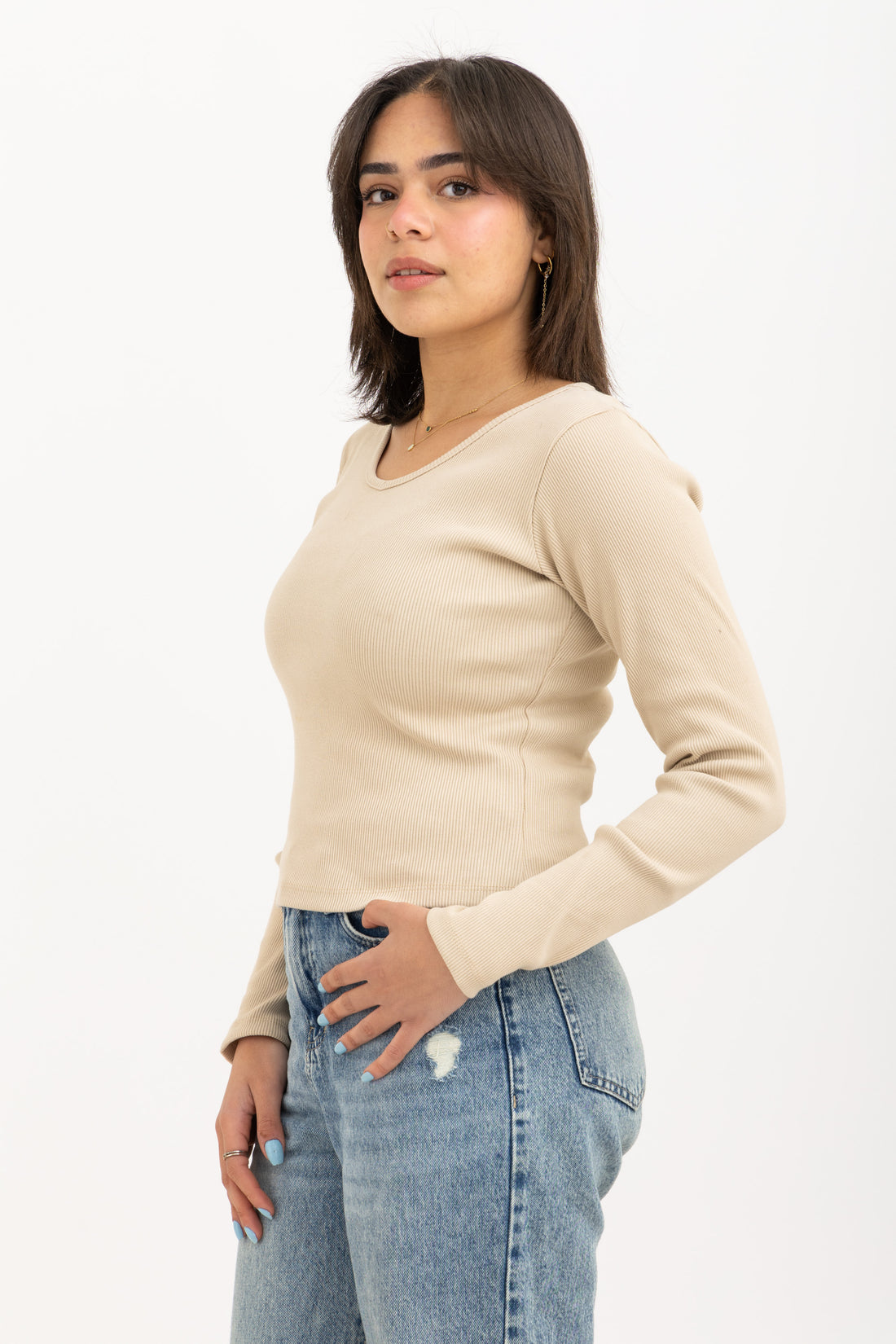 Ribbed Long Sleeve V-Neck Top Beige