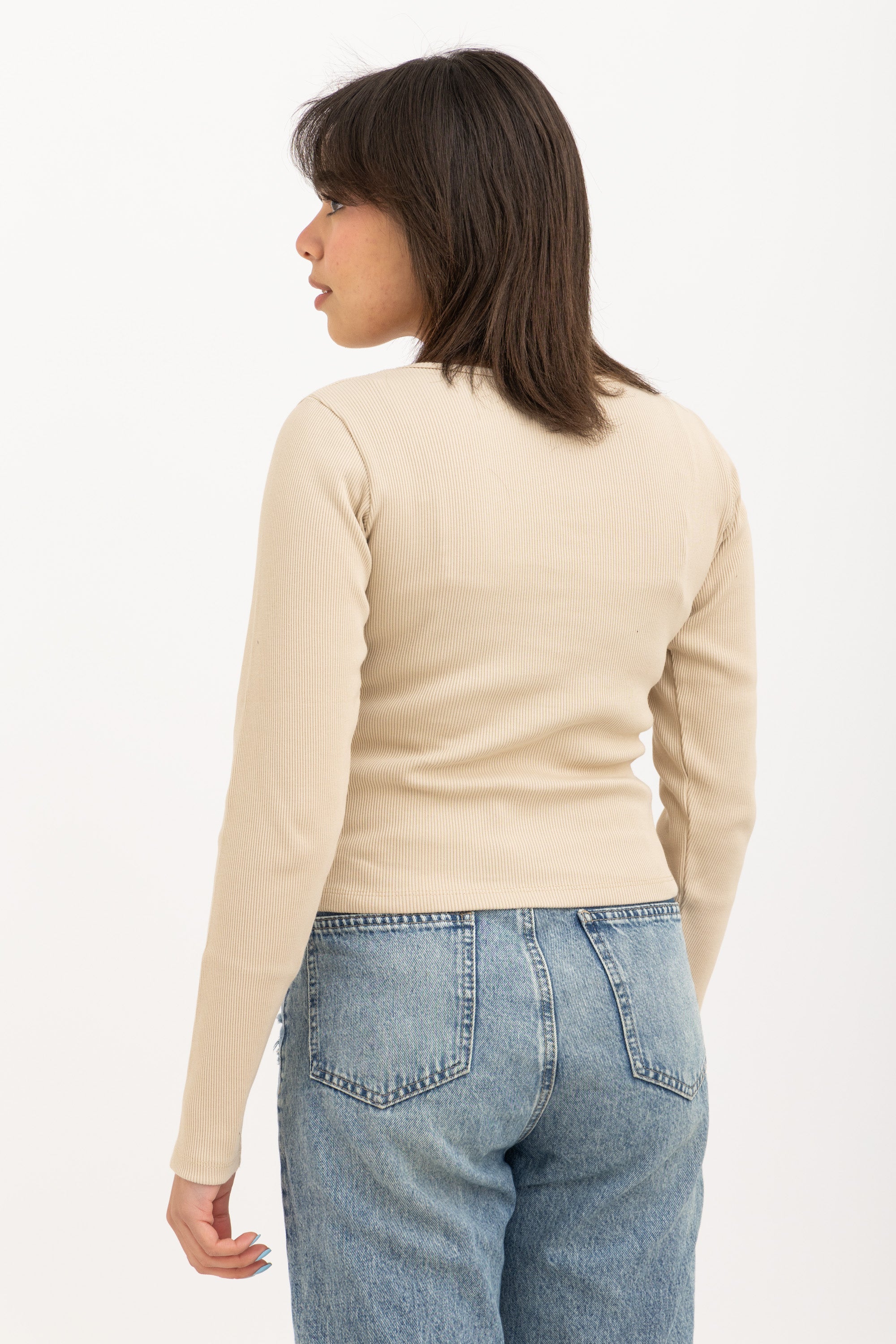 Ribbed Long Sleeve V-Neck Top Beige
