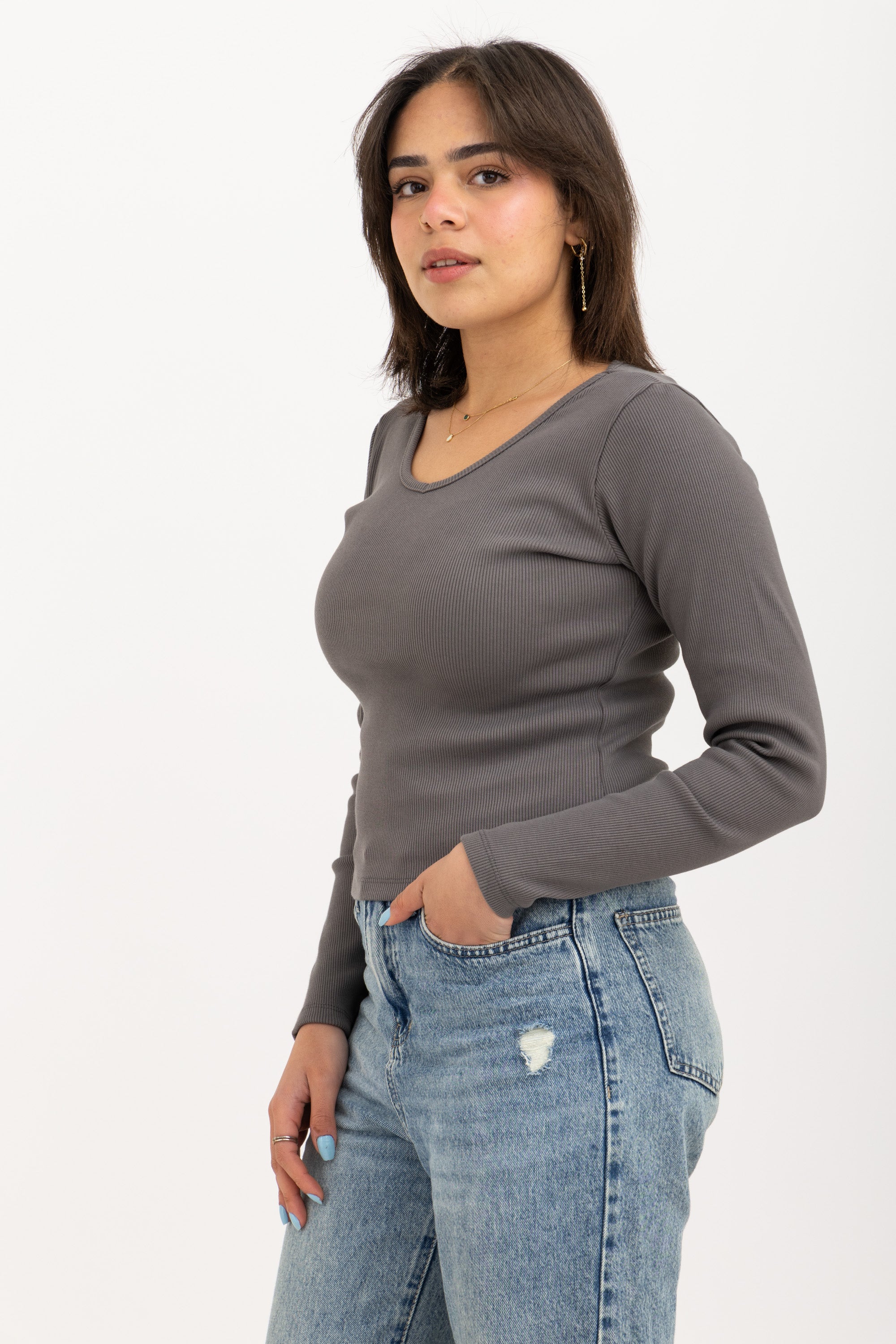 Ribbed Long Sleeve V-Neck Top Dark Grey