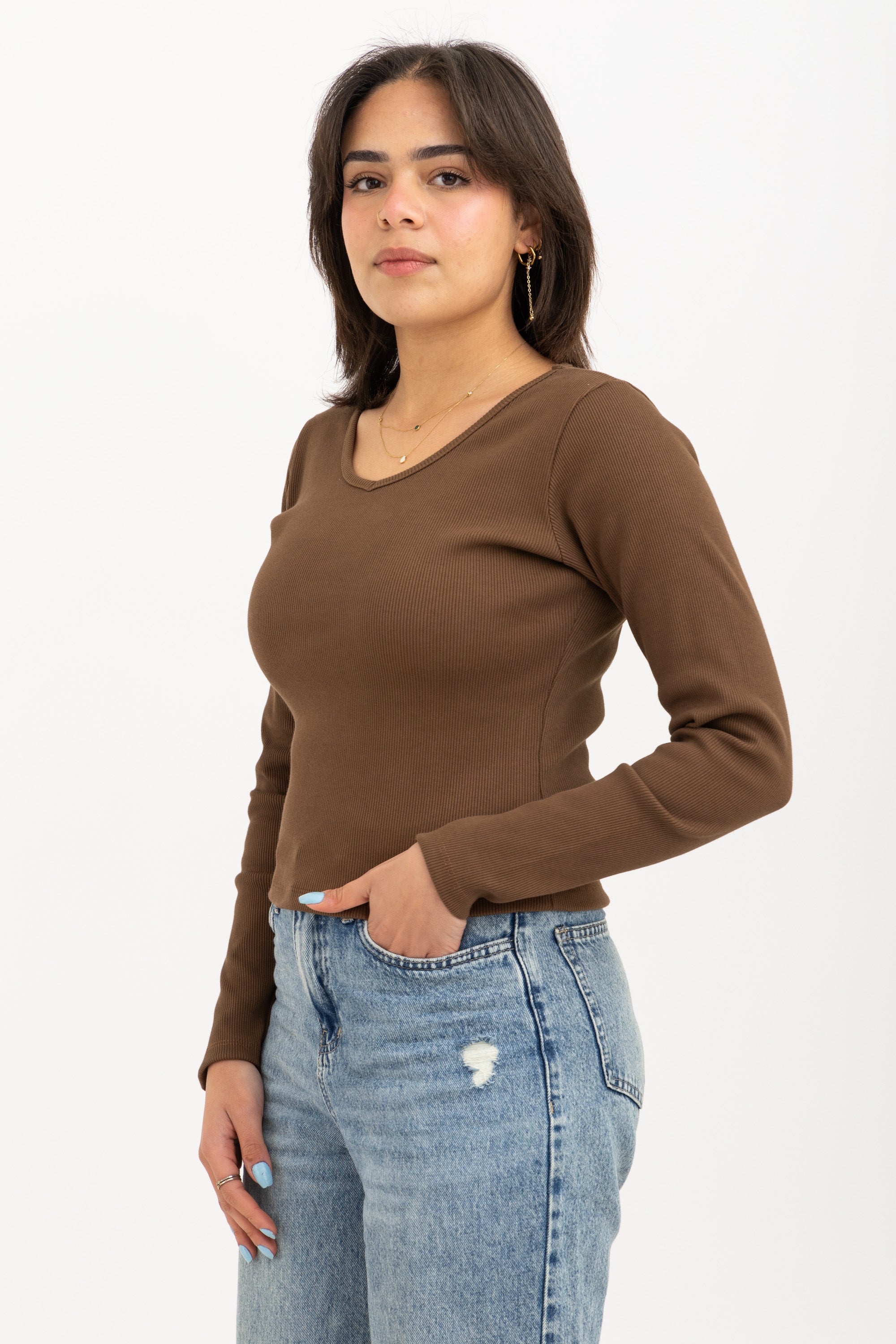 Ribbed Long Sleeve V-Neck Top Brown