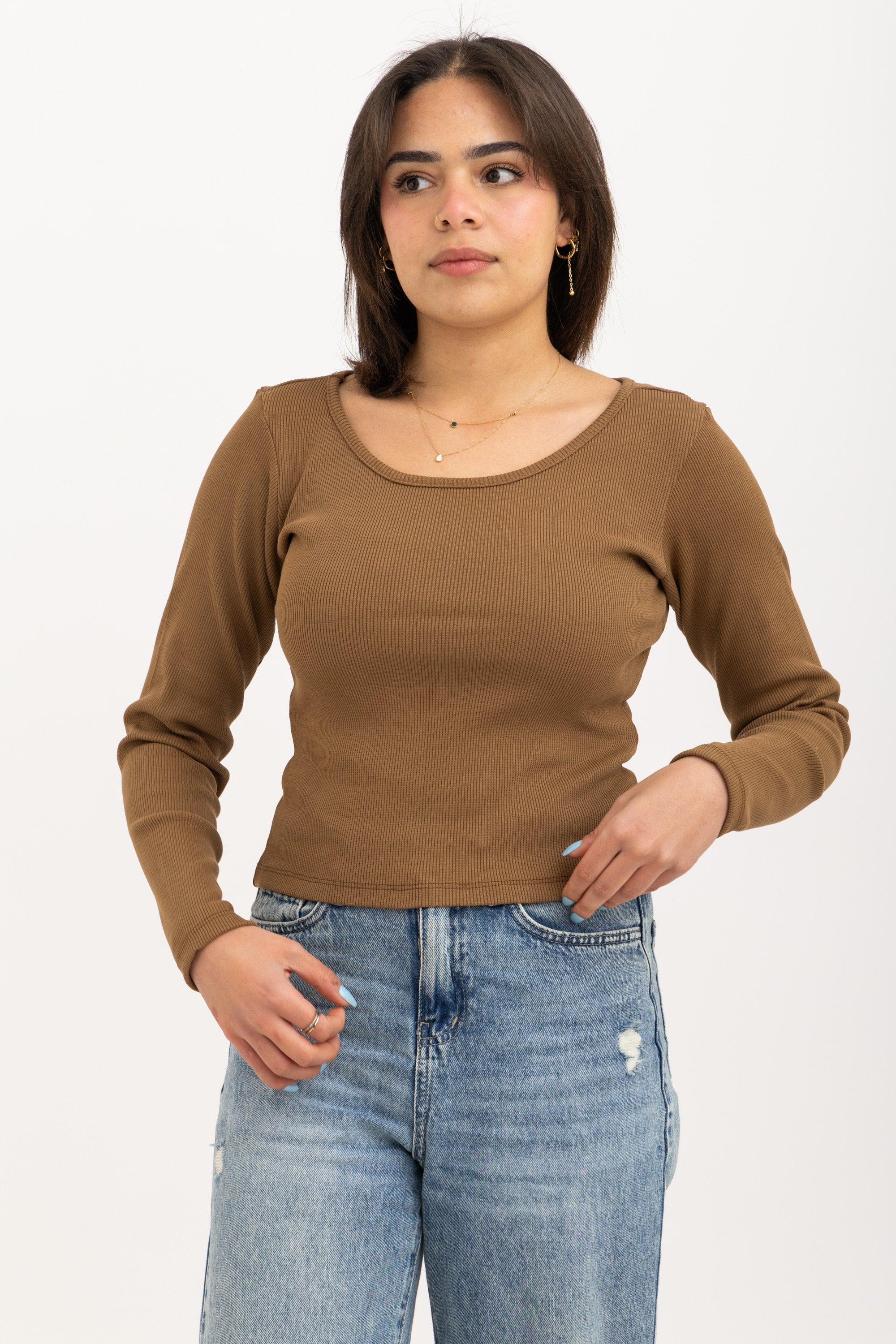Ribbed Wide Neck Long Sleeve Top Brown