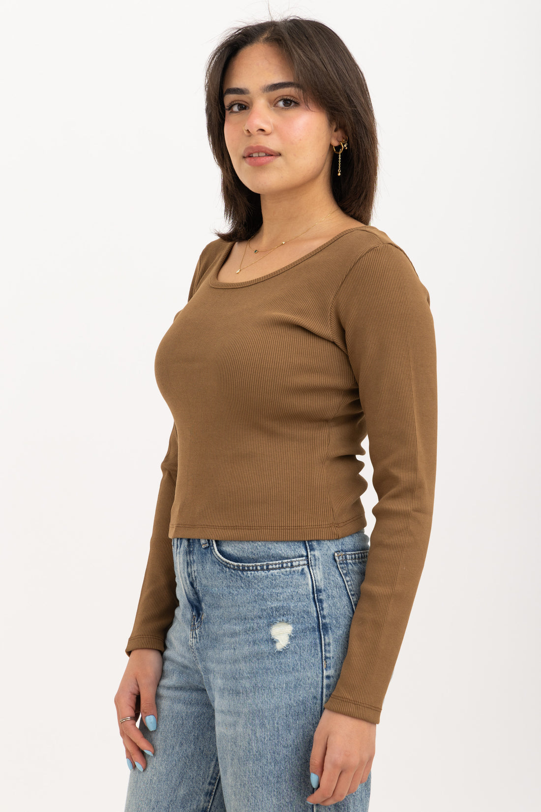 Ribbed Wide Neck Long Sleeve Top Brown