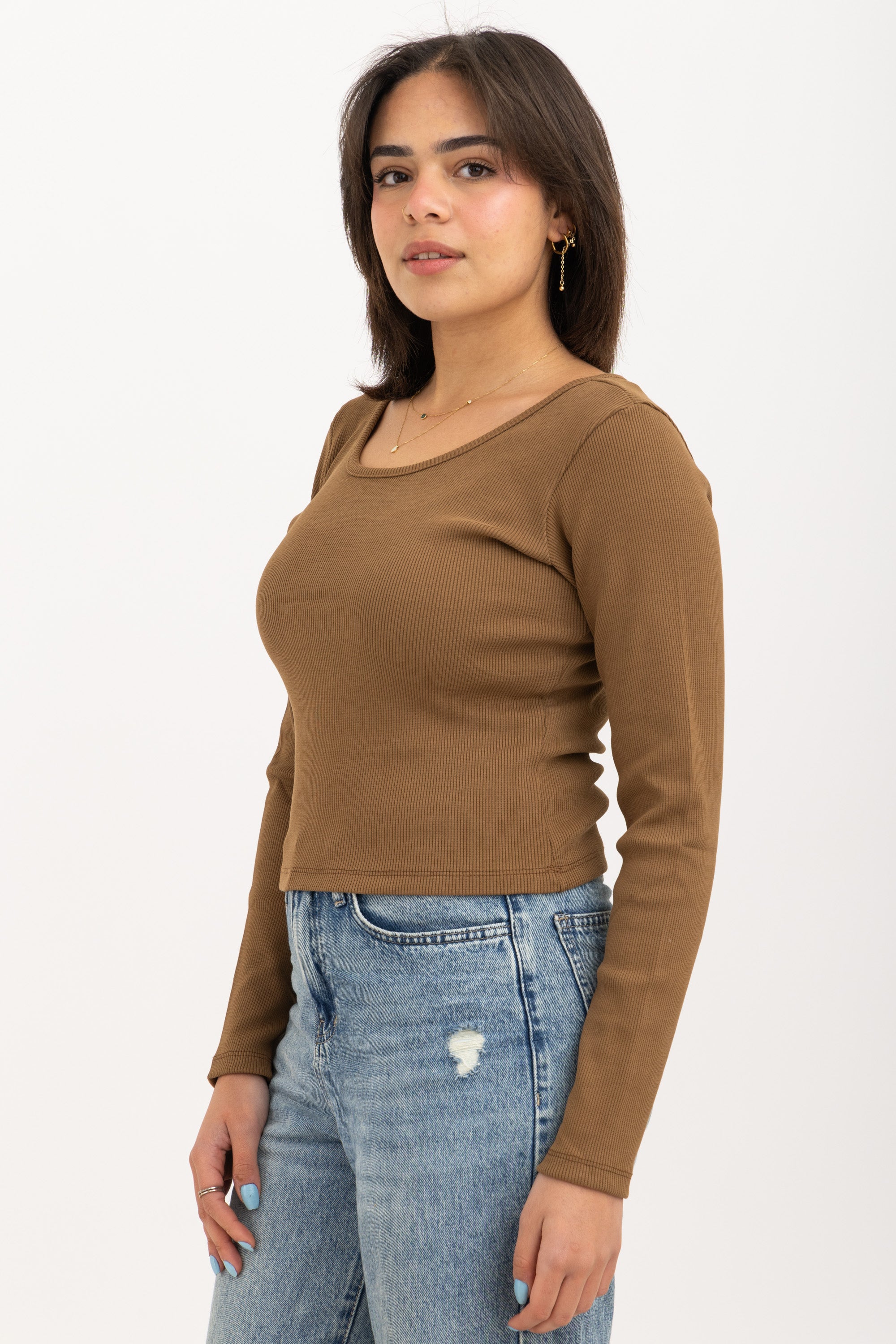 Ribbed Wide Neck Long Sleeve Top Brown