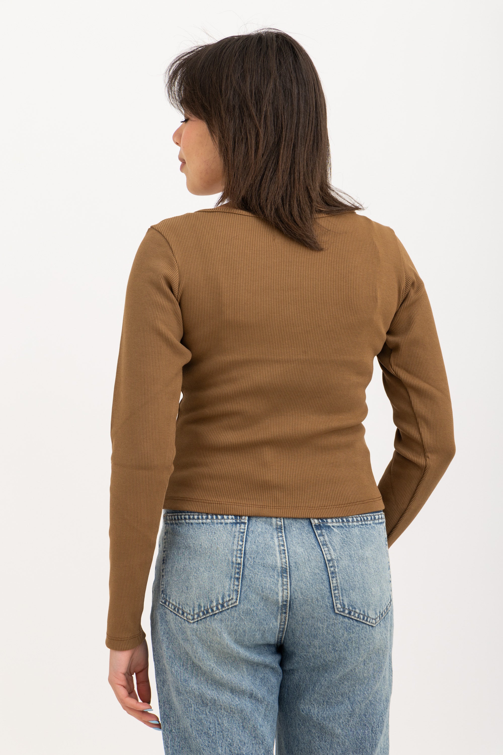 Ribbed Wide Neck Long Sleeve Top Brown