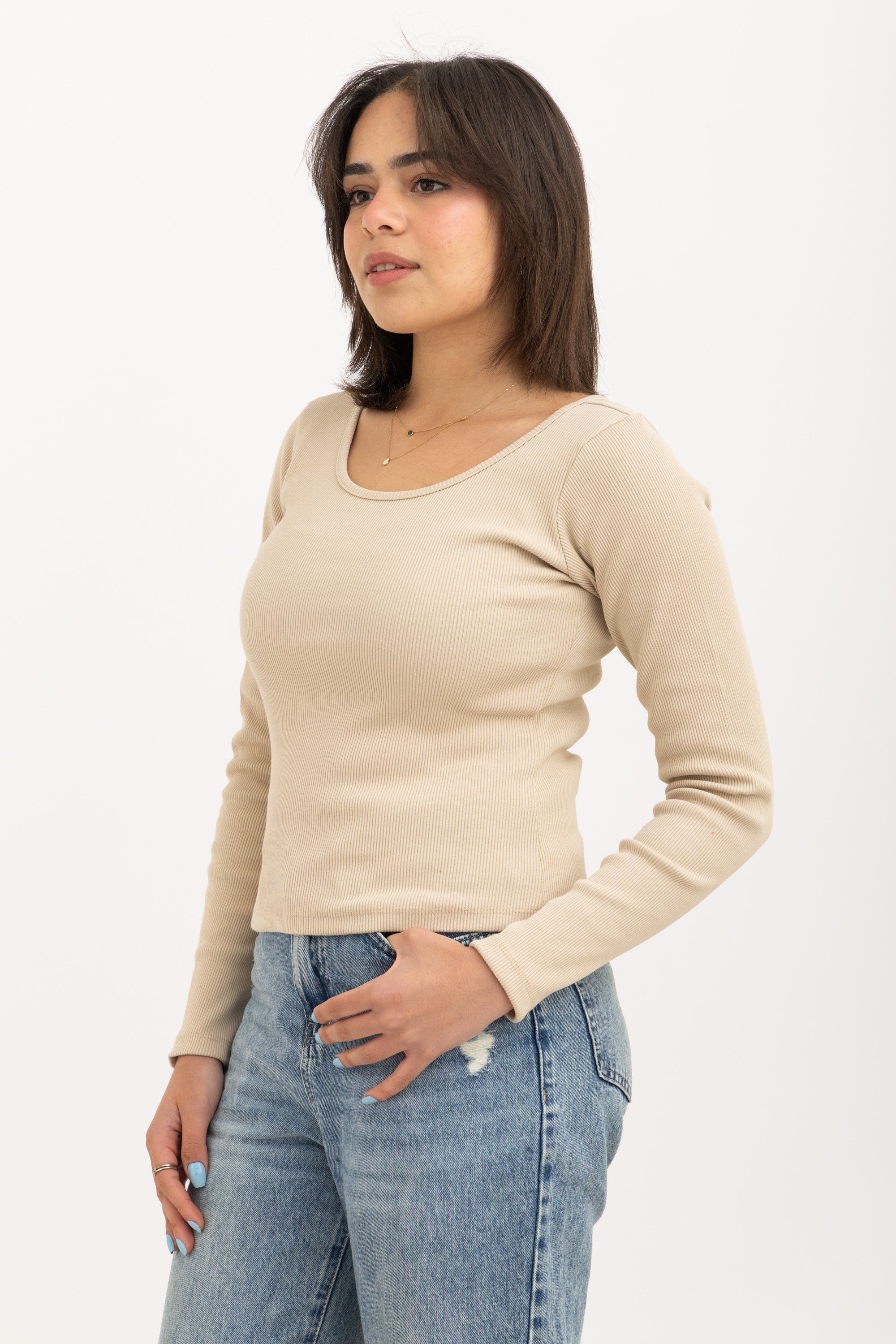Ribbed Wide Neck Long Sleeve Top Beige