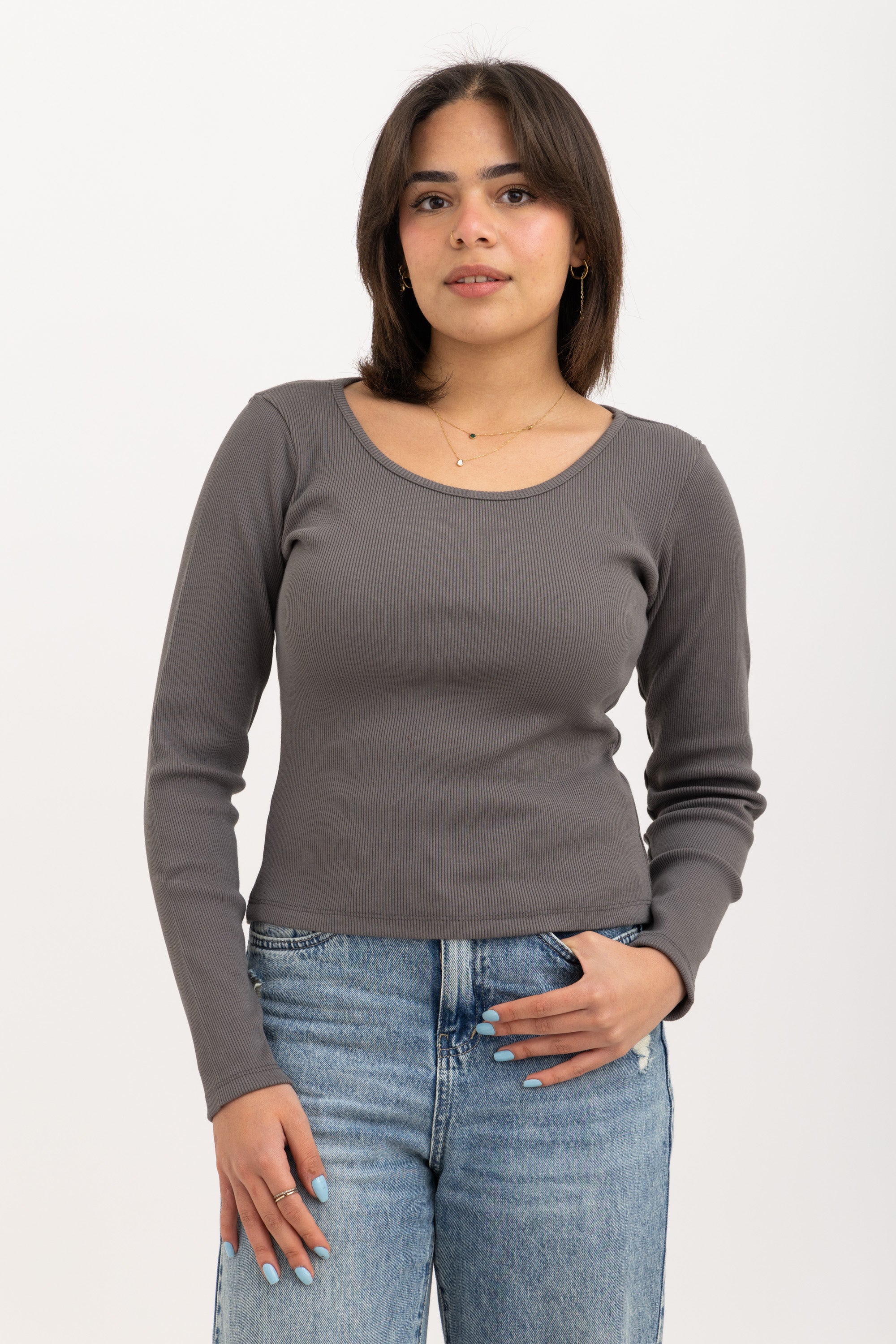 Ribbed Wide Neck Long Sleeve Top Dark Grey