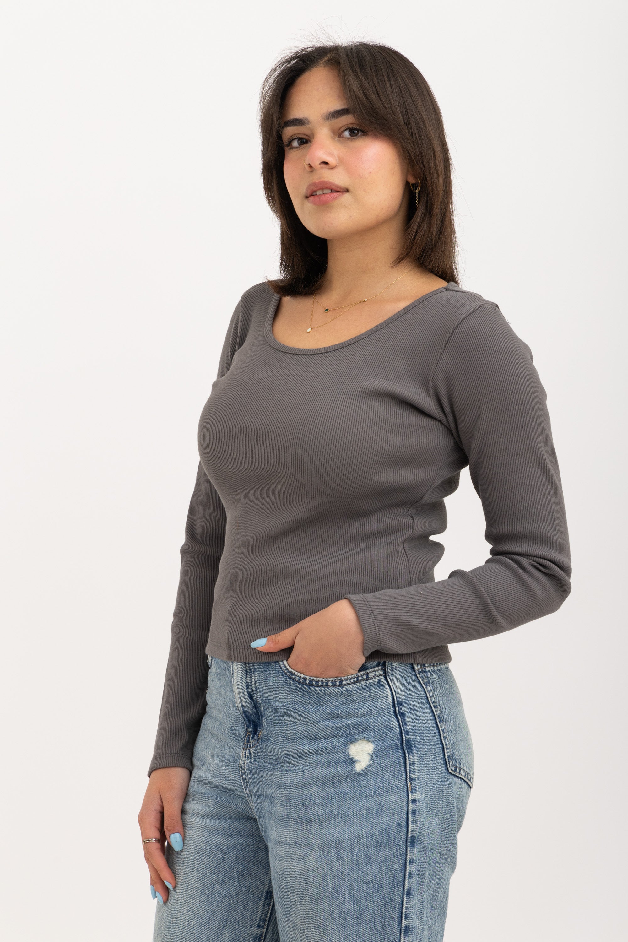 Ribbed Wide Neck Long Sleeve Top Dark Grey