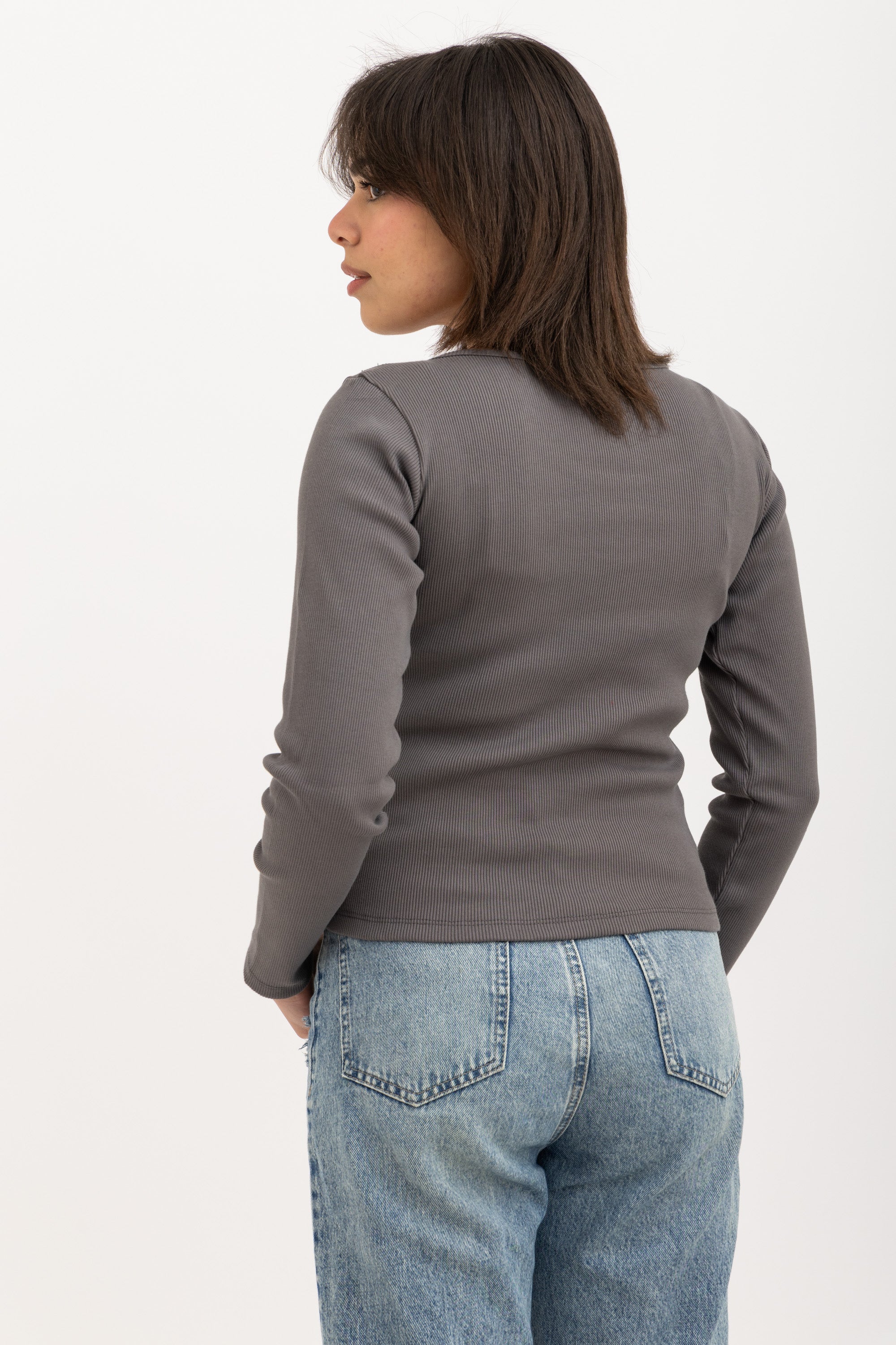 Ribbed Wide Neck Long Sleeve Top Dark Grey