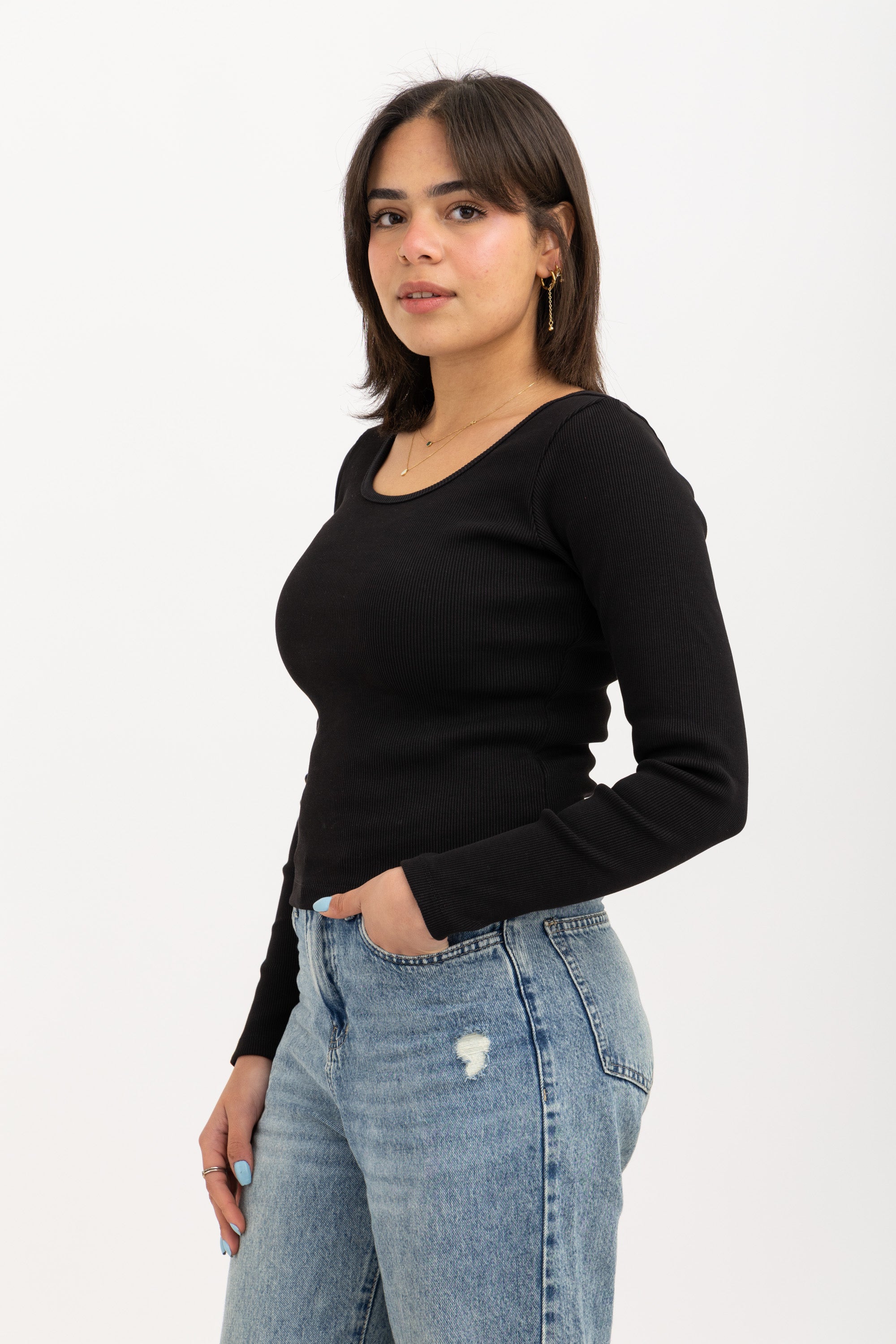 Ribbed Wide Neck Long Sleeve Top Black