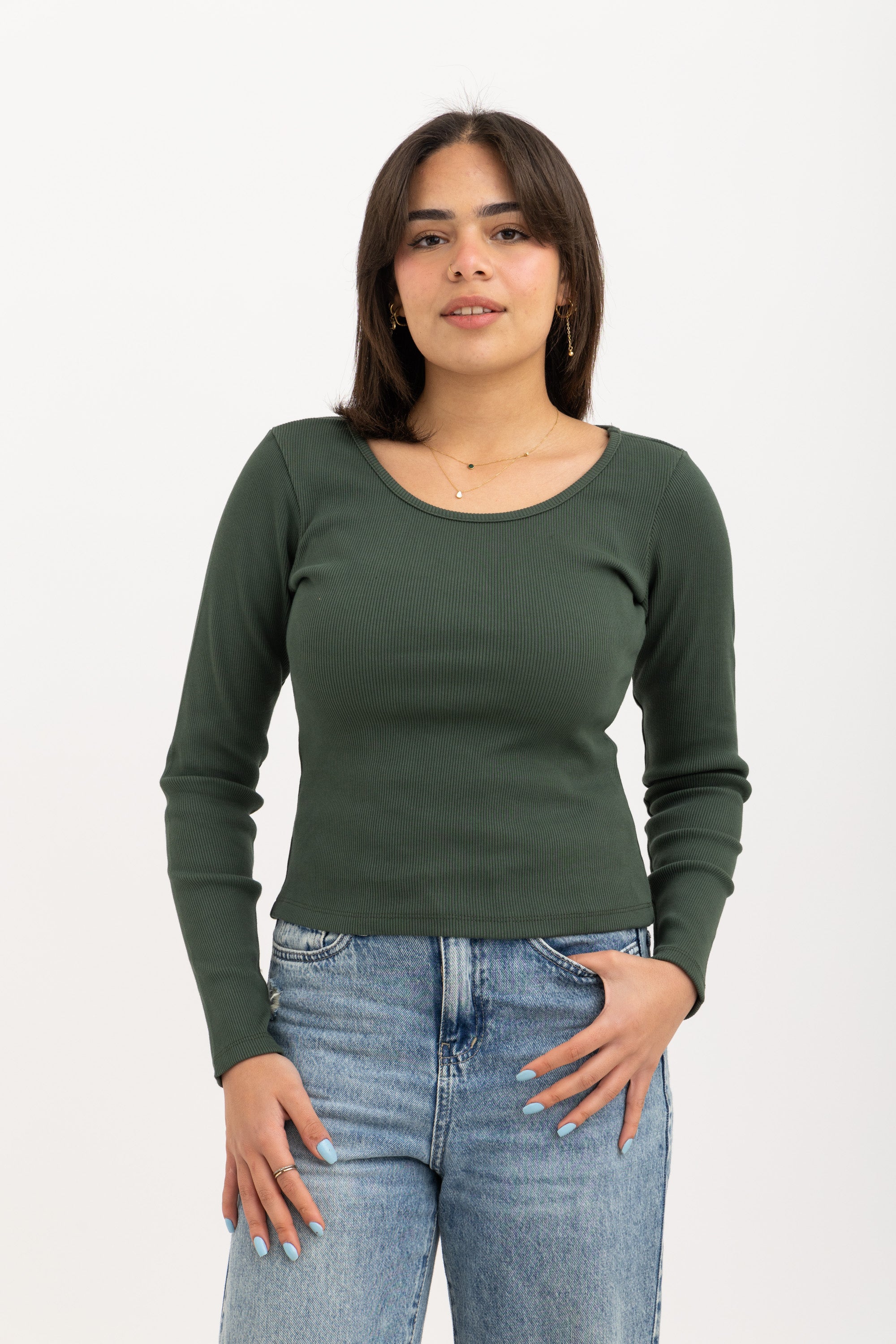 Ribbed Wide Neck Long Sleeve Top Olive