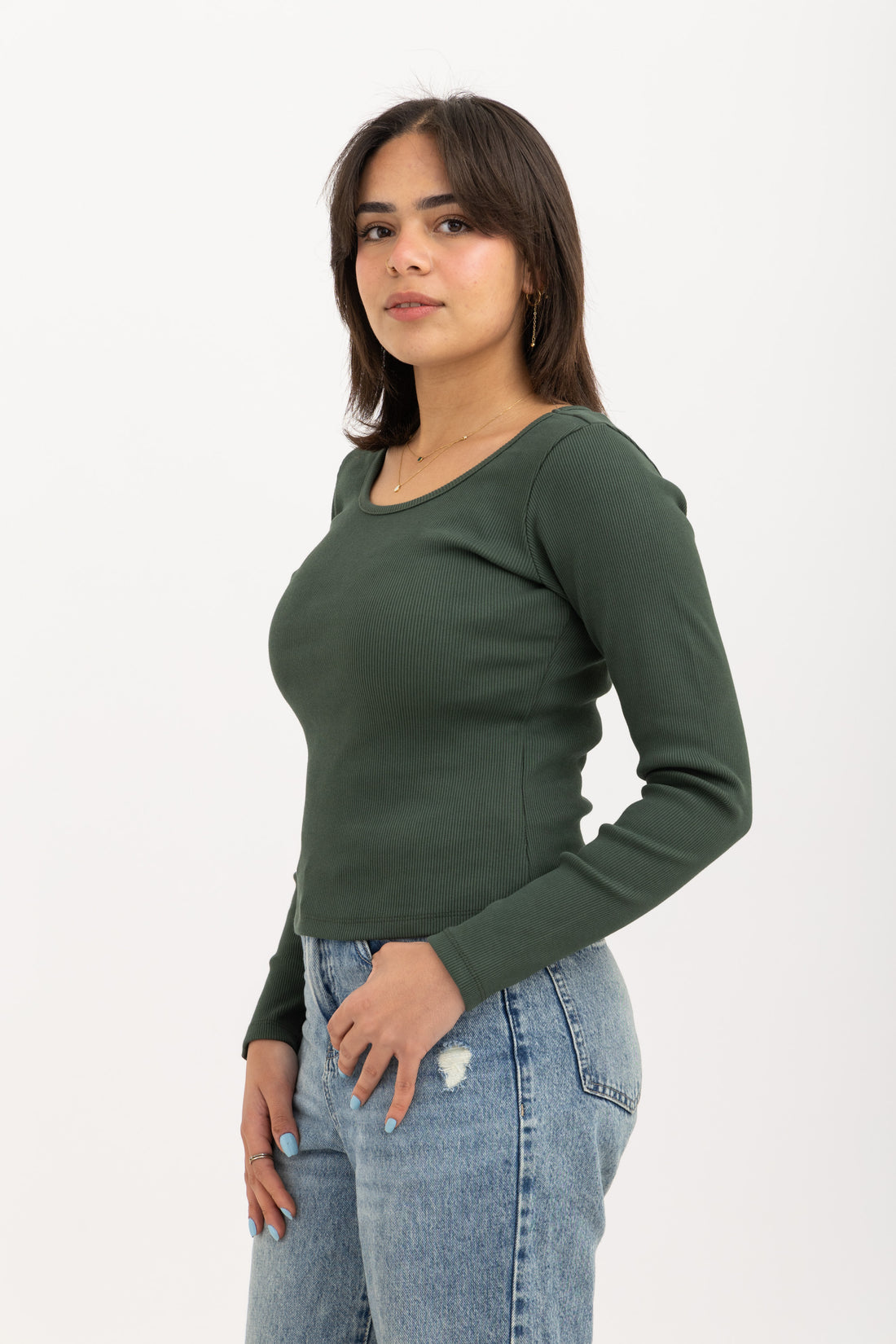 Ribbed Wide Neck Long Sleeve Top Olive