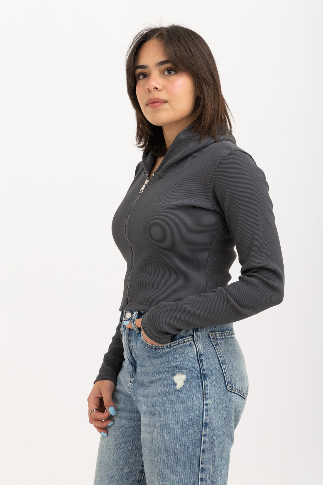 Ribbed Zip-Up Long Sleeve Top Dark Grey
