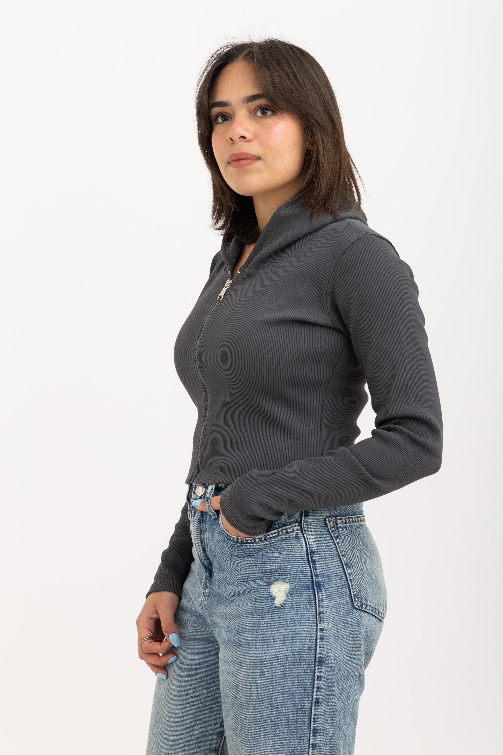 Ribbed Zip-Up Long Sleeve Top Dark Grey