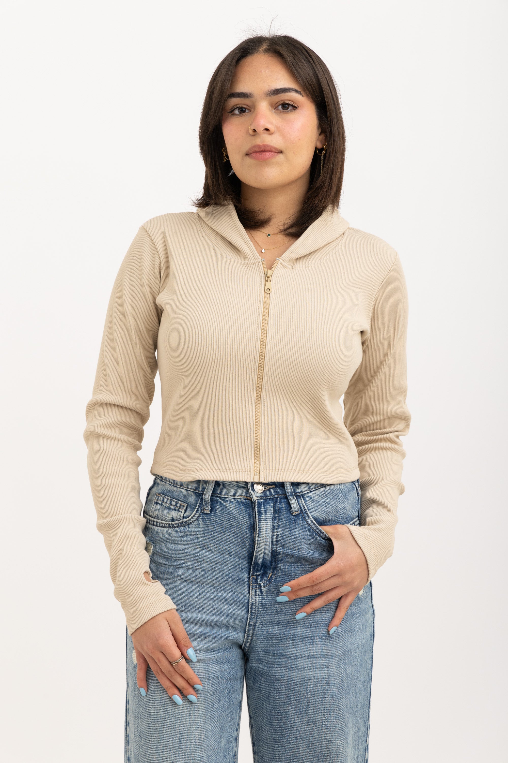 Ribbed Zip-Up Long Sleeve Top Beige