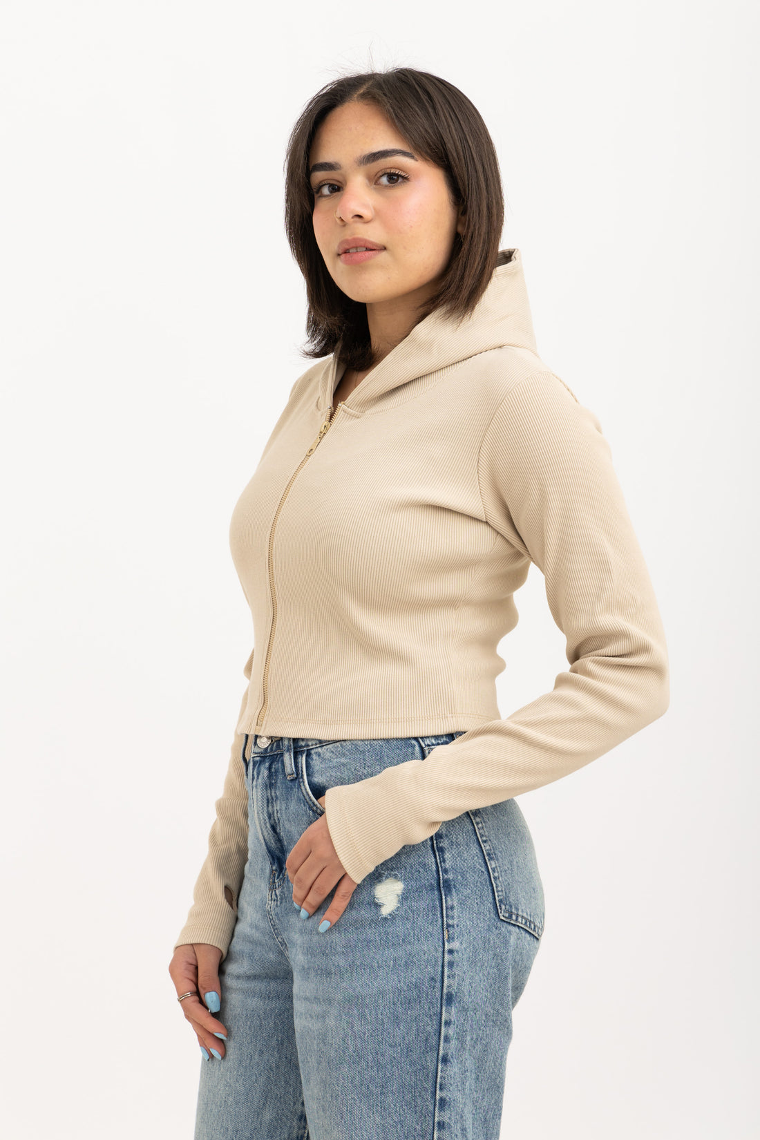 Ribbed Zip-Up Long Sleeve Top Beige