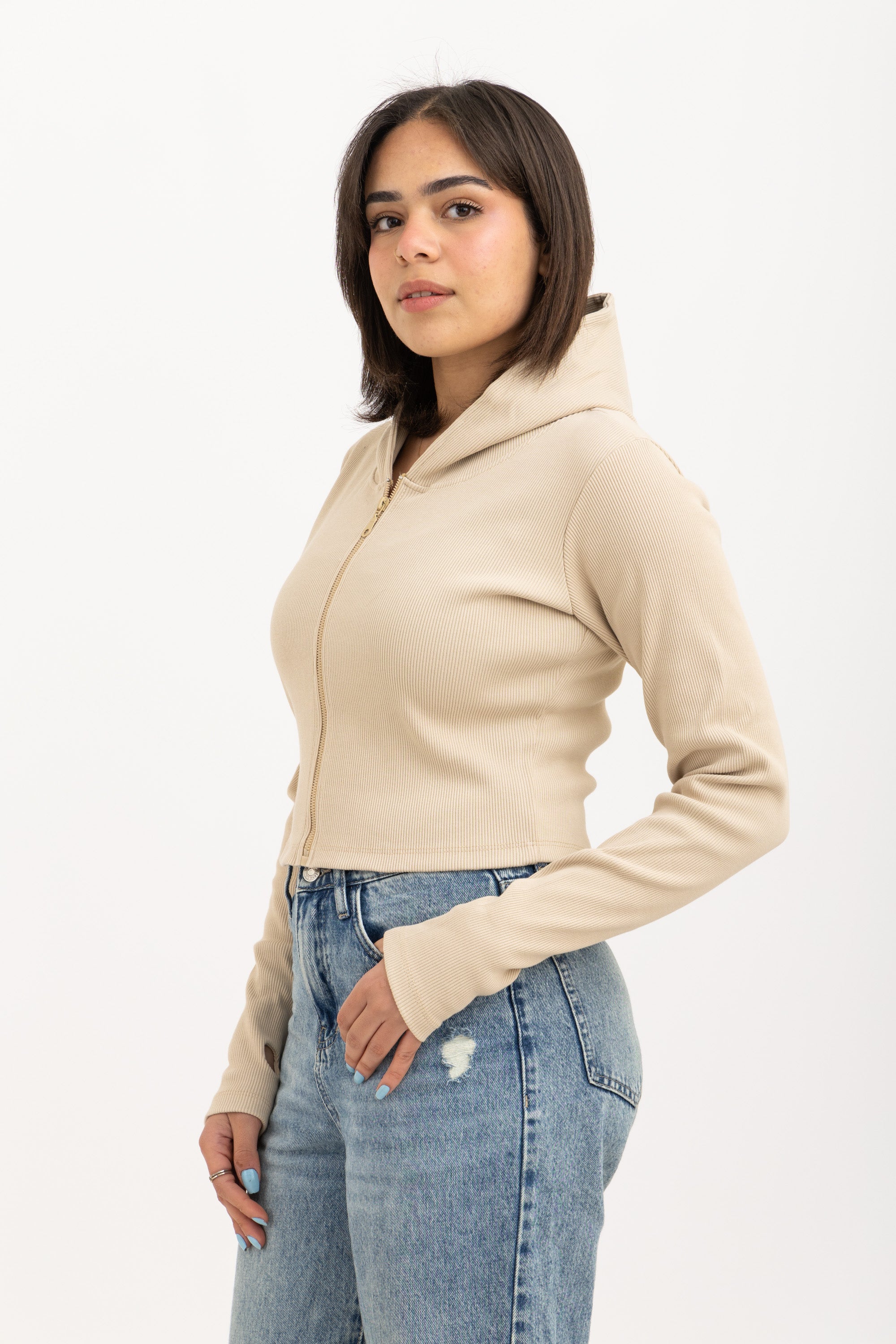 Ribbed Zip-Up Long Sleeve Top Beige
