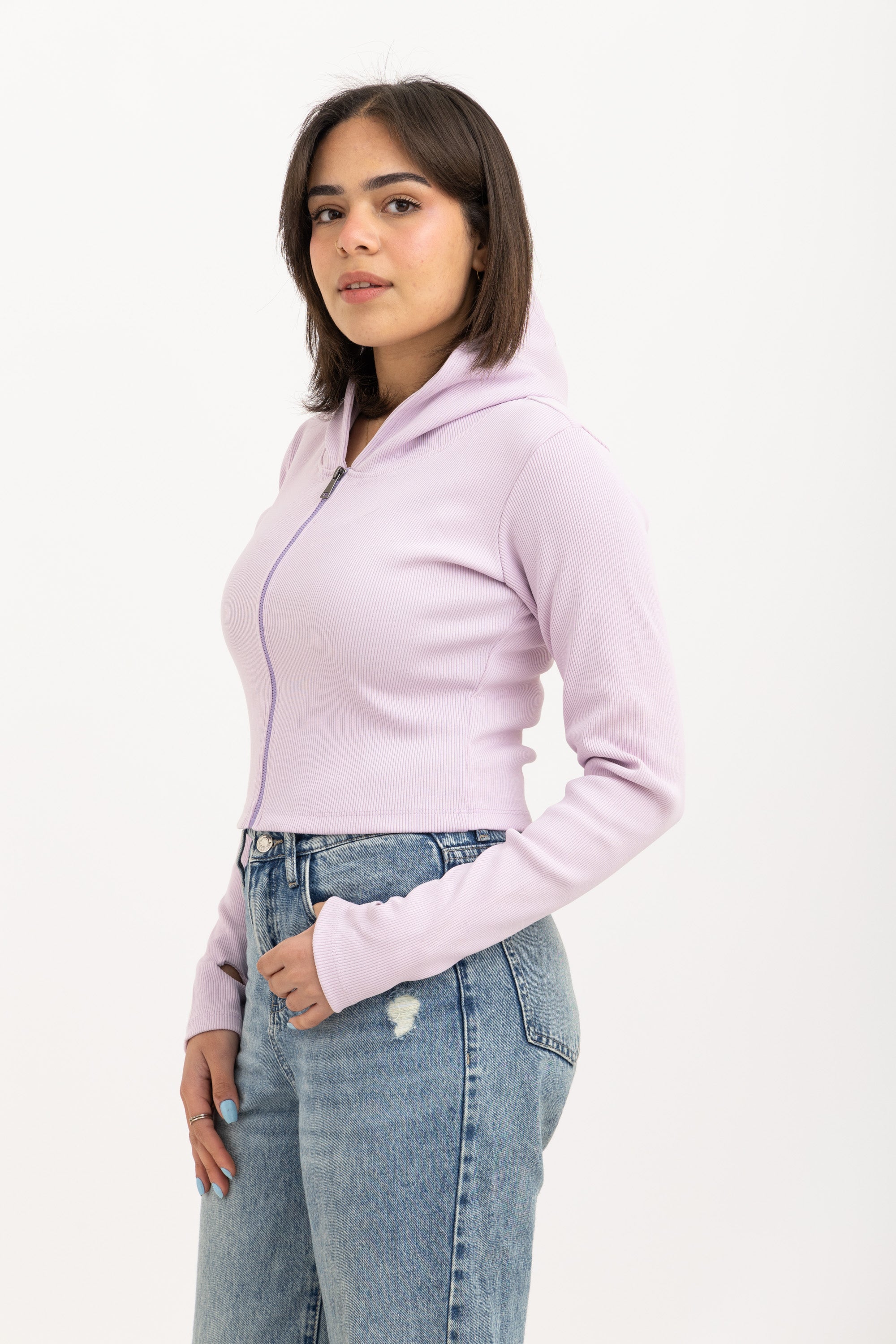 Ribbed Zip-Up Long Sleeve Top Lavender