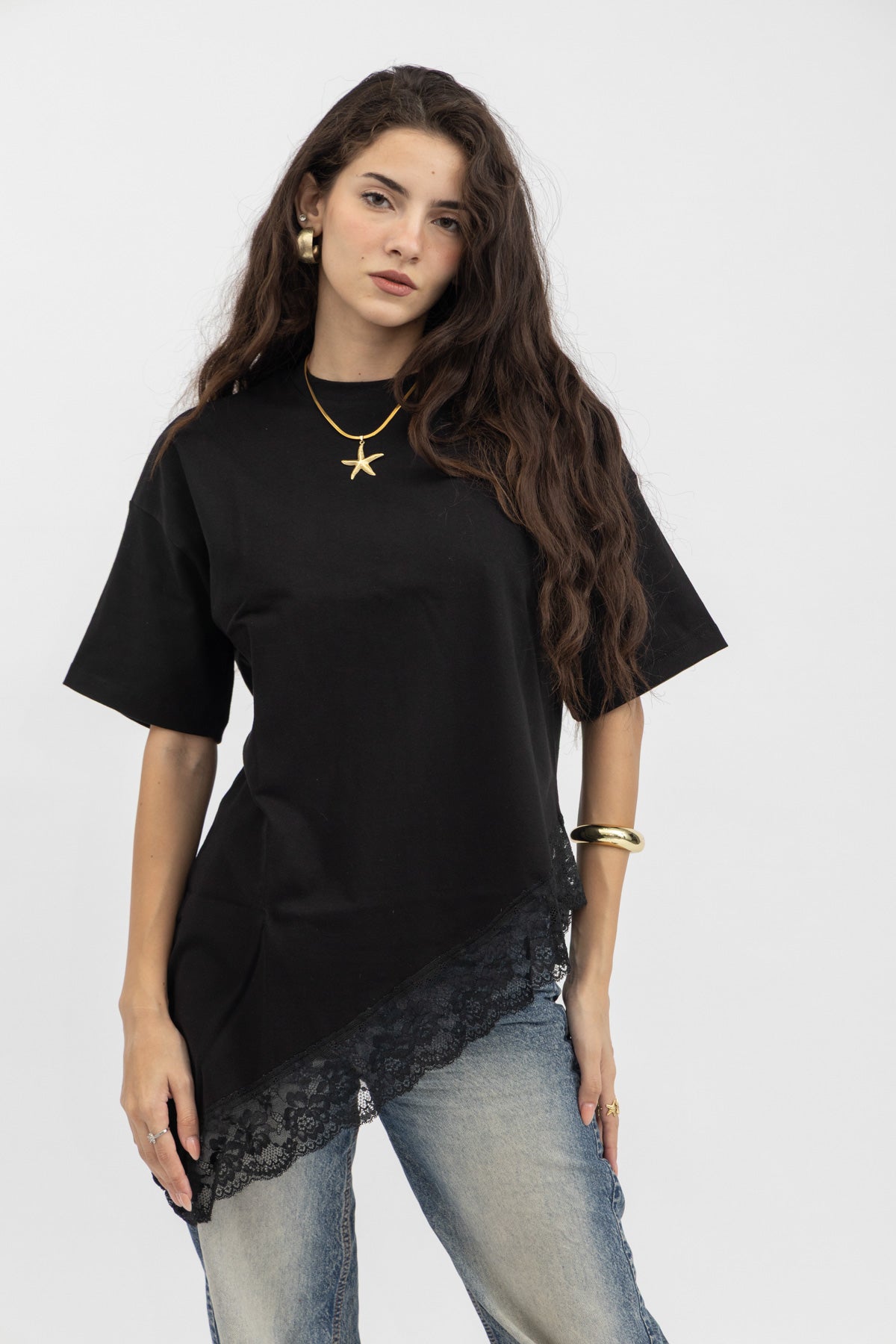 Peppers Lace Asymmetry Tee Black