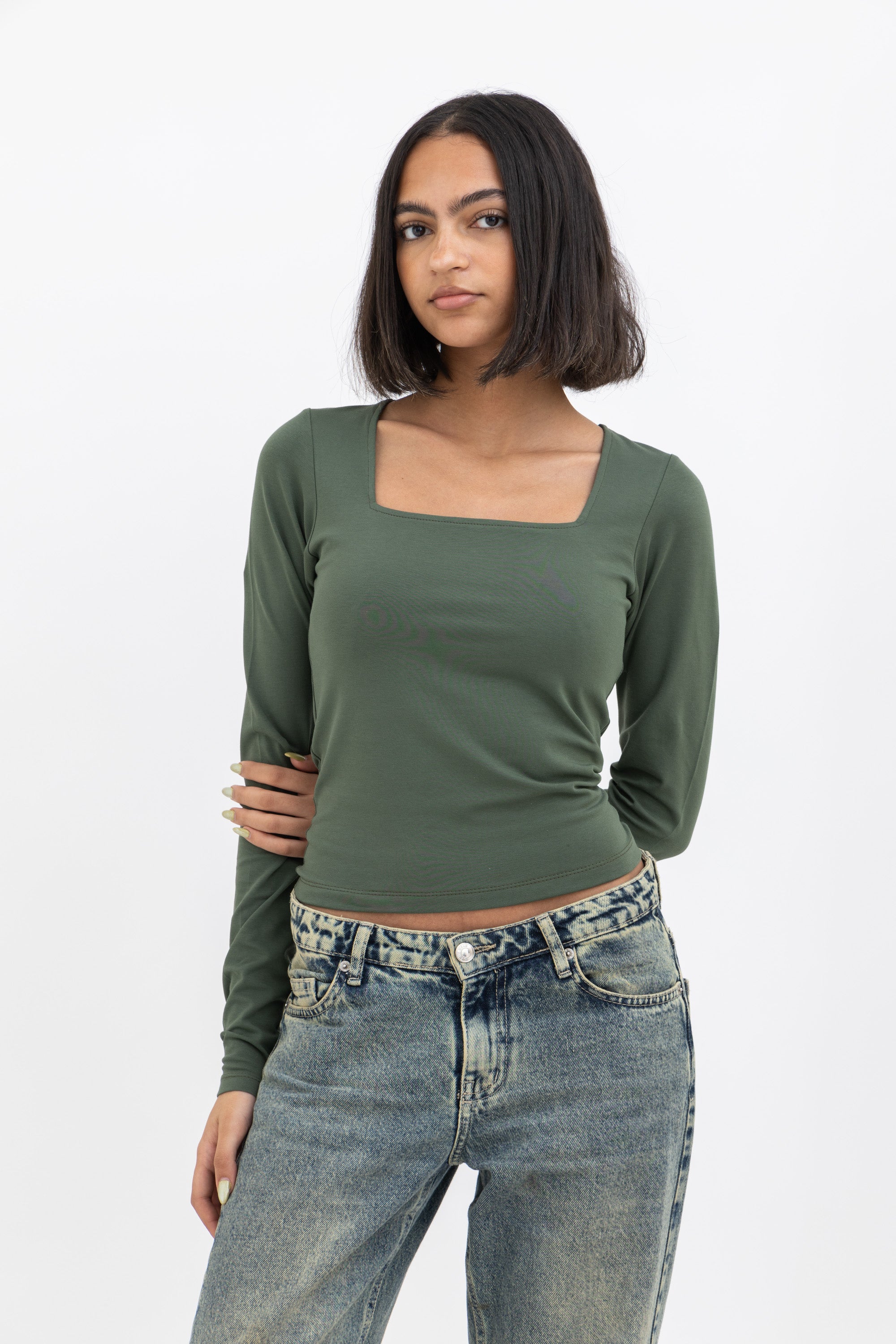 Olive Square Neck Baby Tee Long Sleeve
