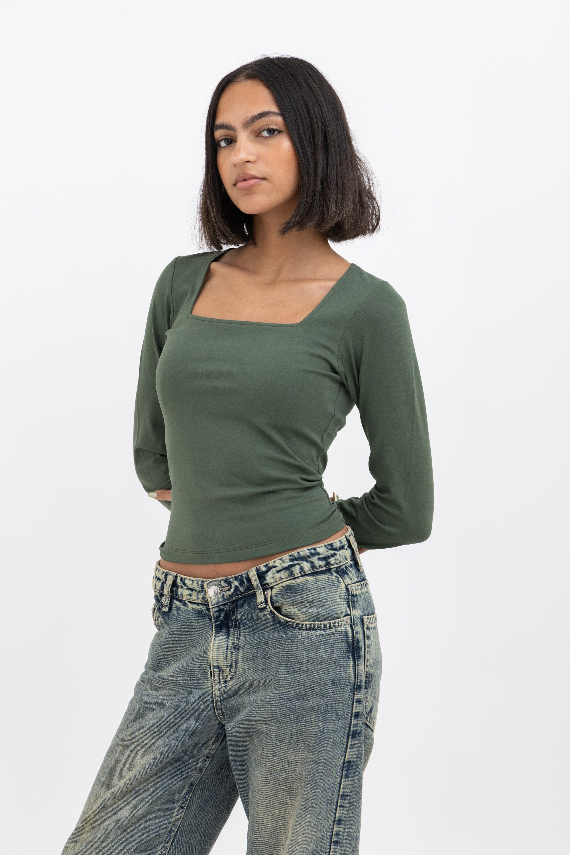 Olive Square Neck Baby Tee Long Sleeve
