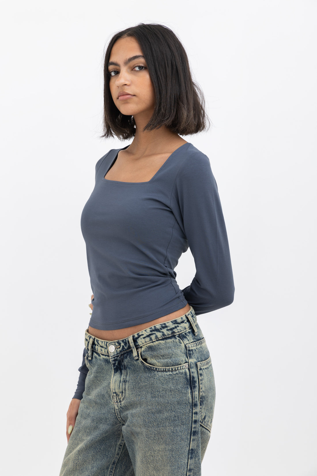 Dark Grey Square Neck Baby Tee Long Sleeve