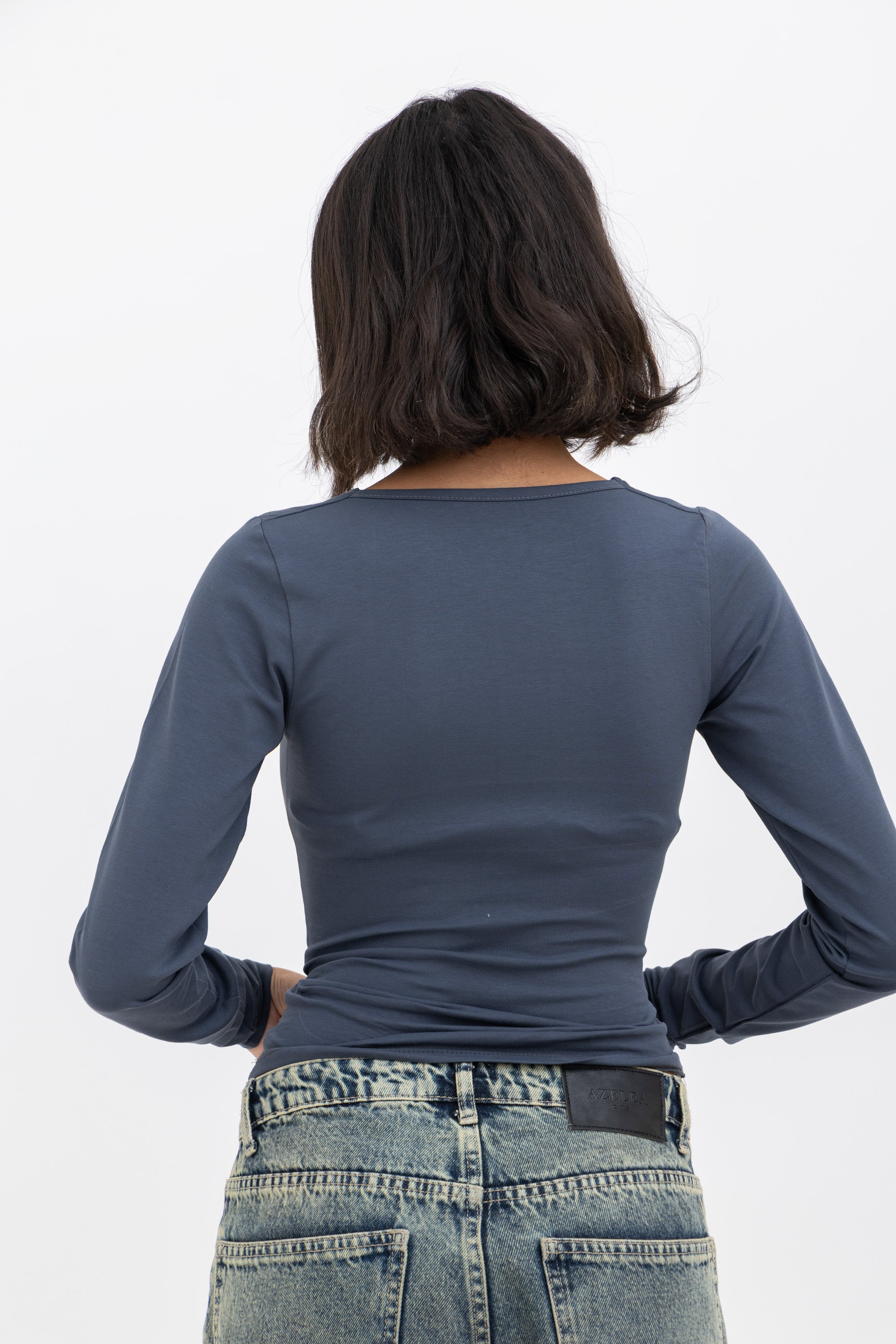 Dark Grey Square Neck Baby Tee Long Sleeve