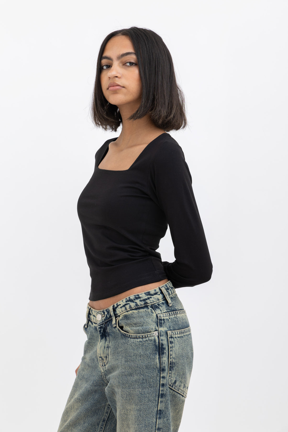 Black Square Neck Baby Tee Long Sleeve