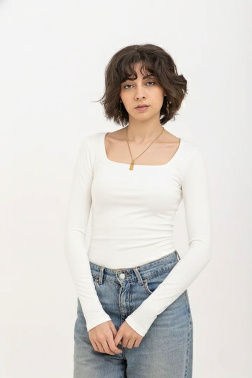 White Square Neck Long Sleeve Baby Tee