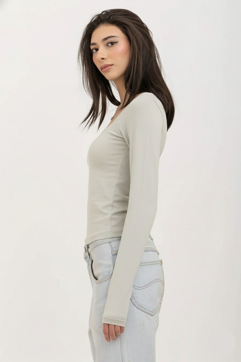 Light Grey Long Sleeve Square Neck Baby Tee