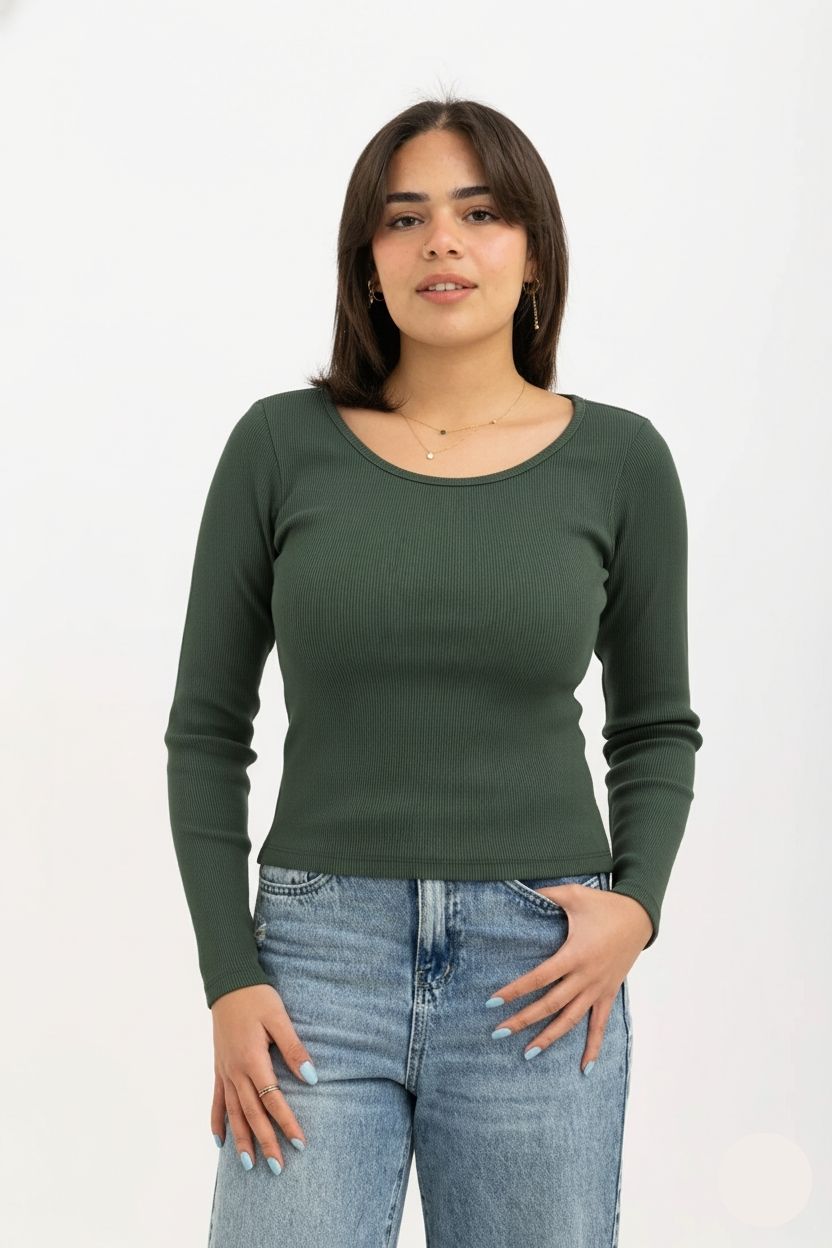 Ribbed Wide Neck Long Sleeve Top Olive
