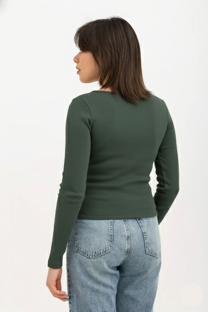 Ribbed Wide Neck Long Sleeve Top Olive