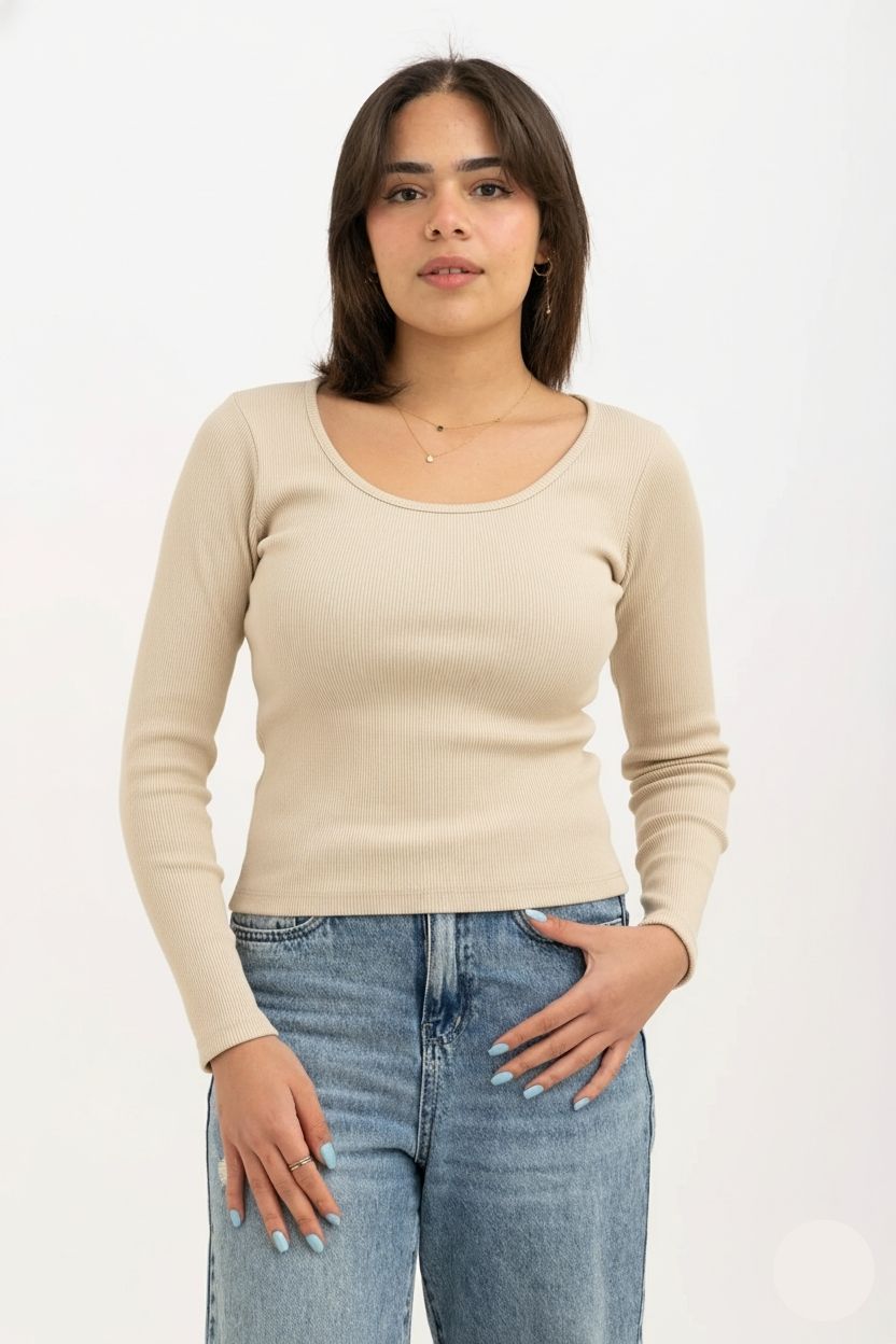 Ribbed Wide Neck Long Sleeve Top Beige