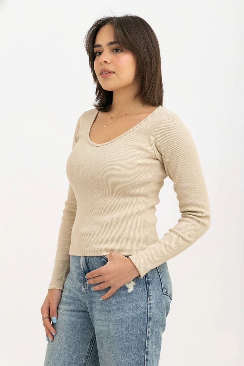 Ribbed Wide Neck Long Sleeve Top Beige