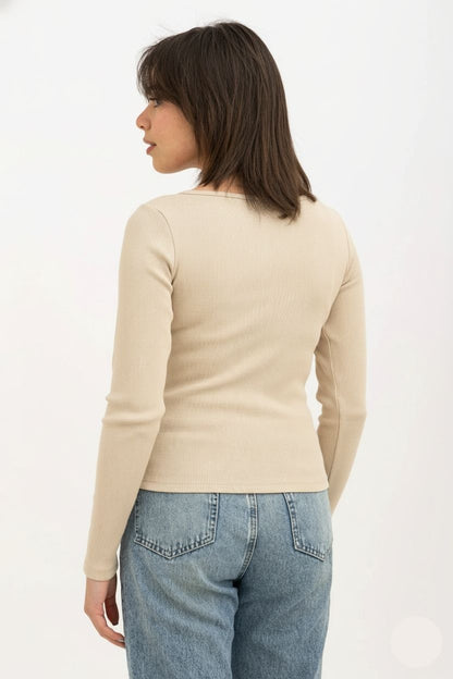 Ribbed Wide Neck Long Sleeve Top Beige